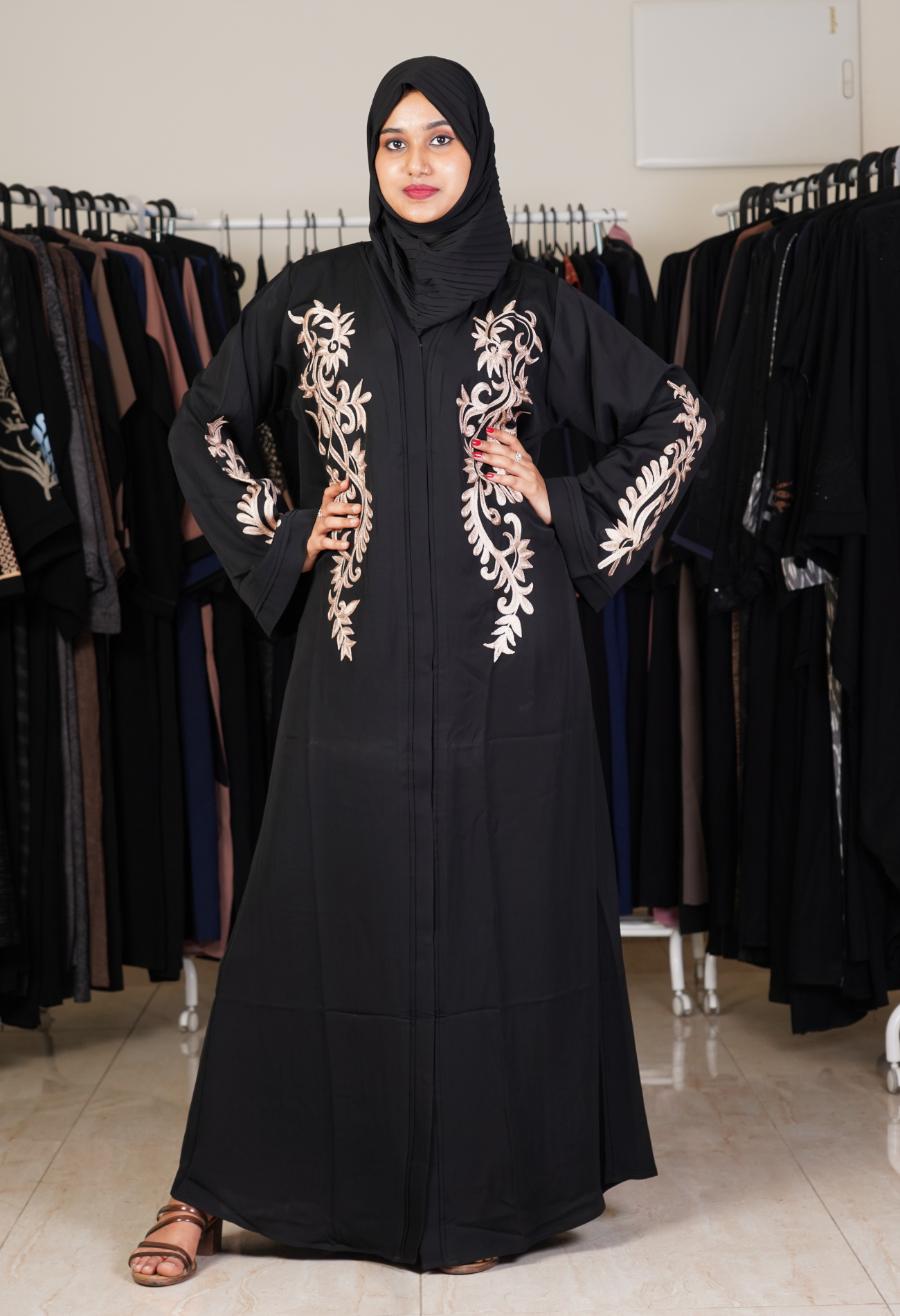 Black Front Open Abaya with Aari Work