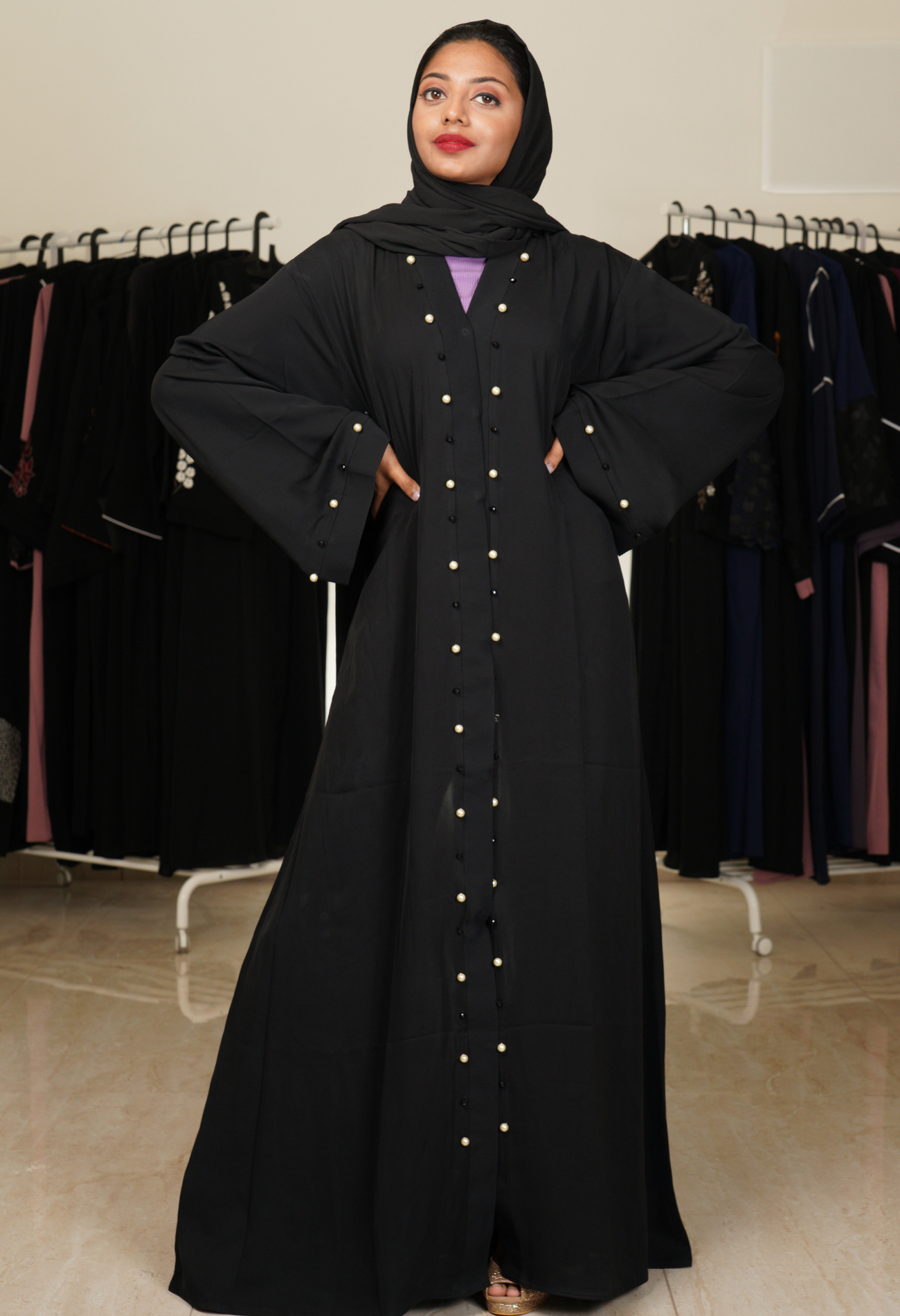 Black Front Open Abaya With Pearls And Black Beads