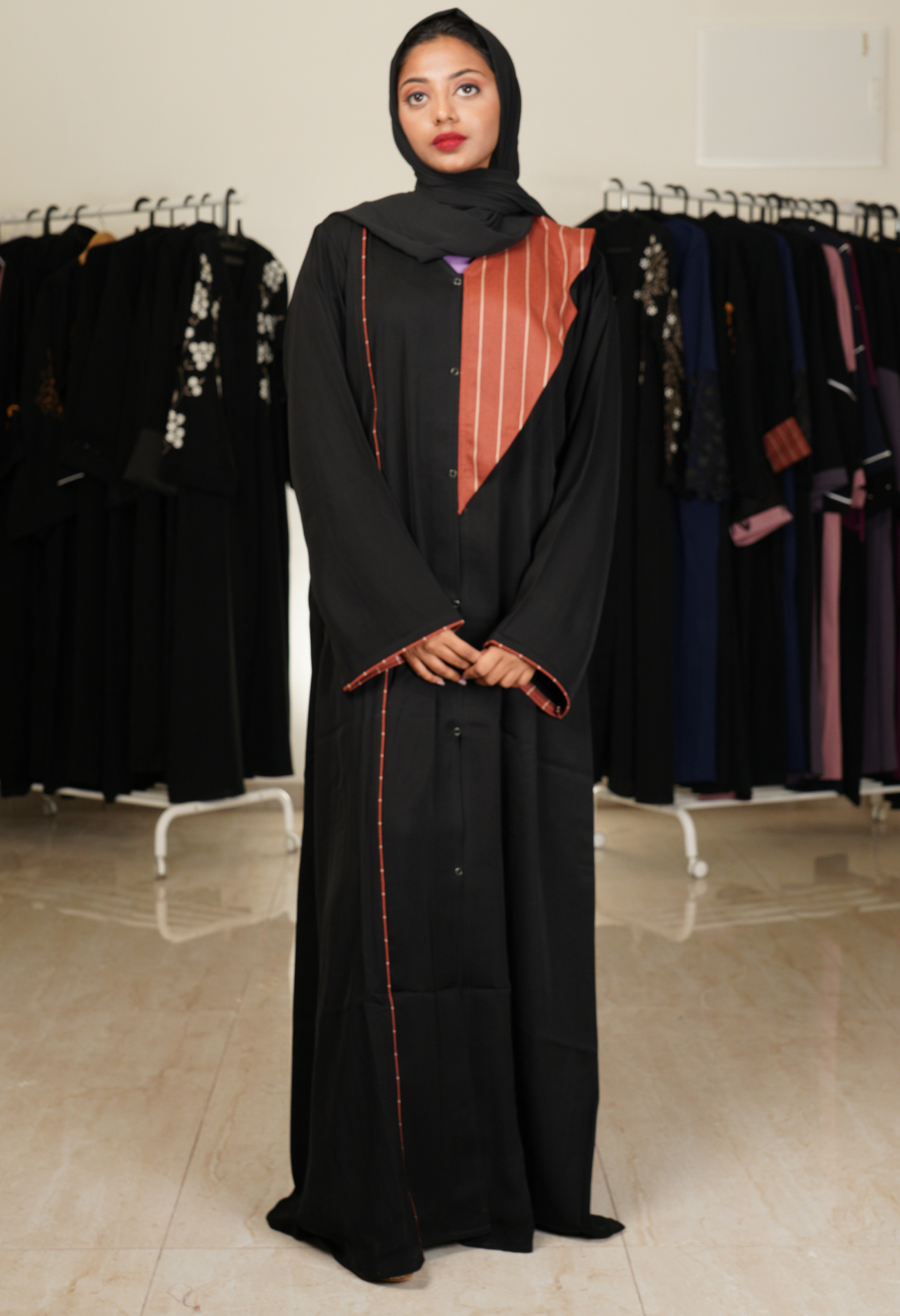 Black Front Open Abaya With Suit Laple