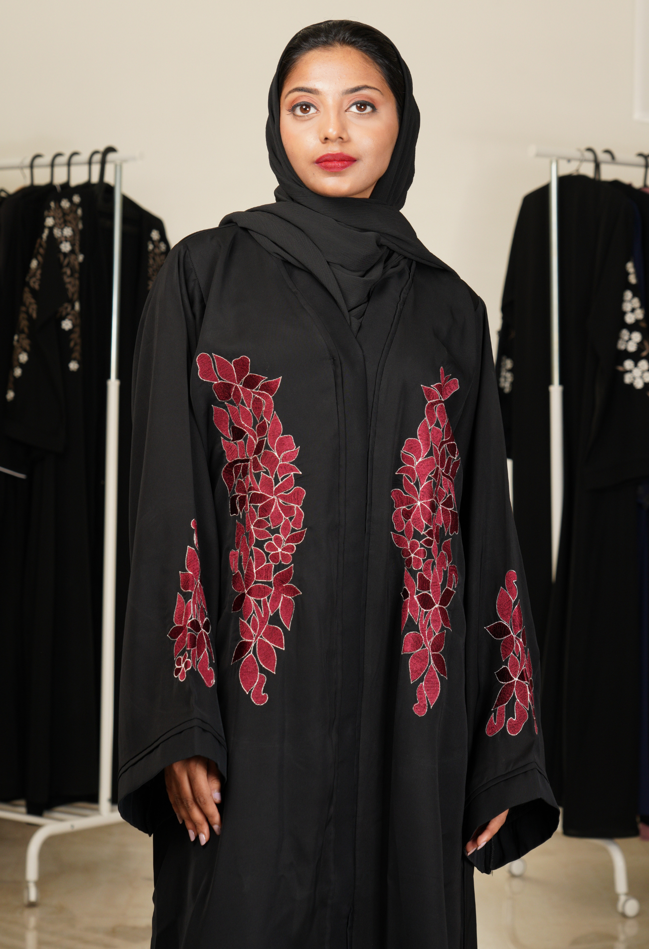 Black Front Open Abaya With Embroidery
