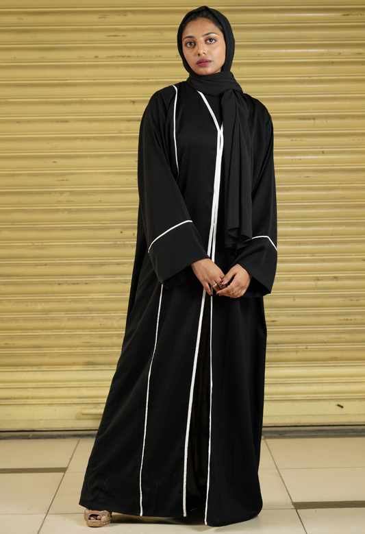 Black Front Open Abaya With White Piping