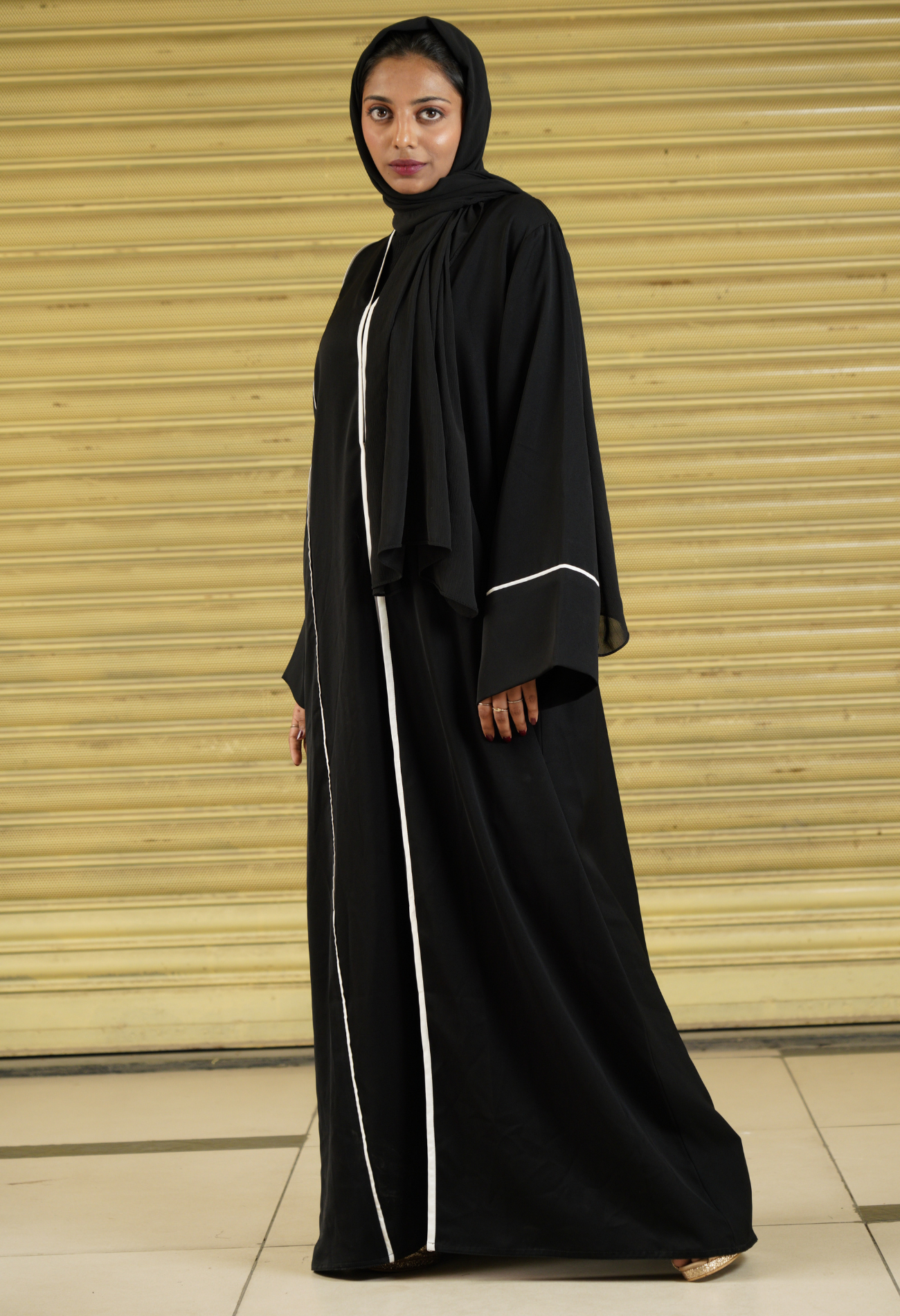 Black Front Open Abaya With White Piping