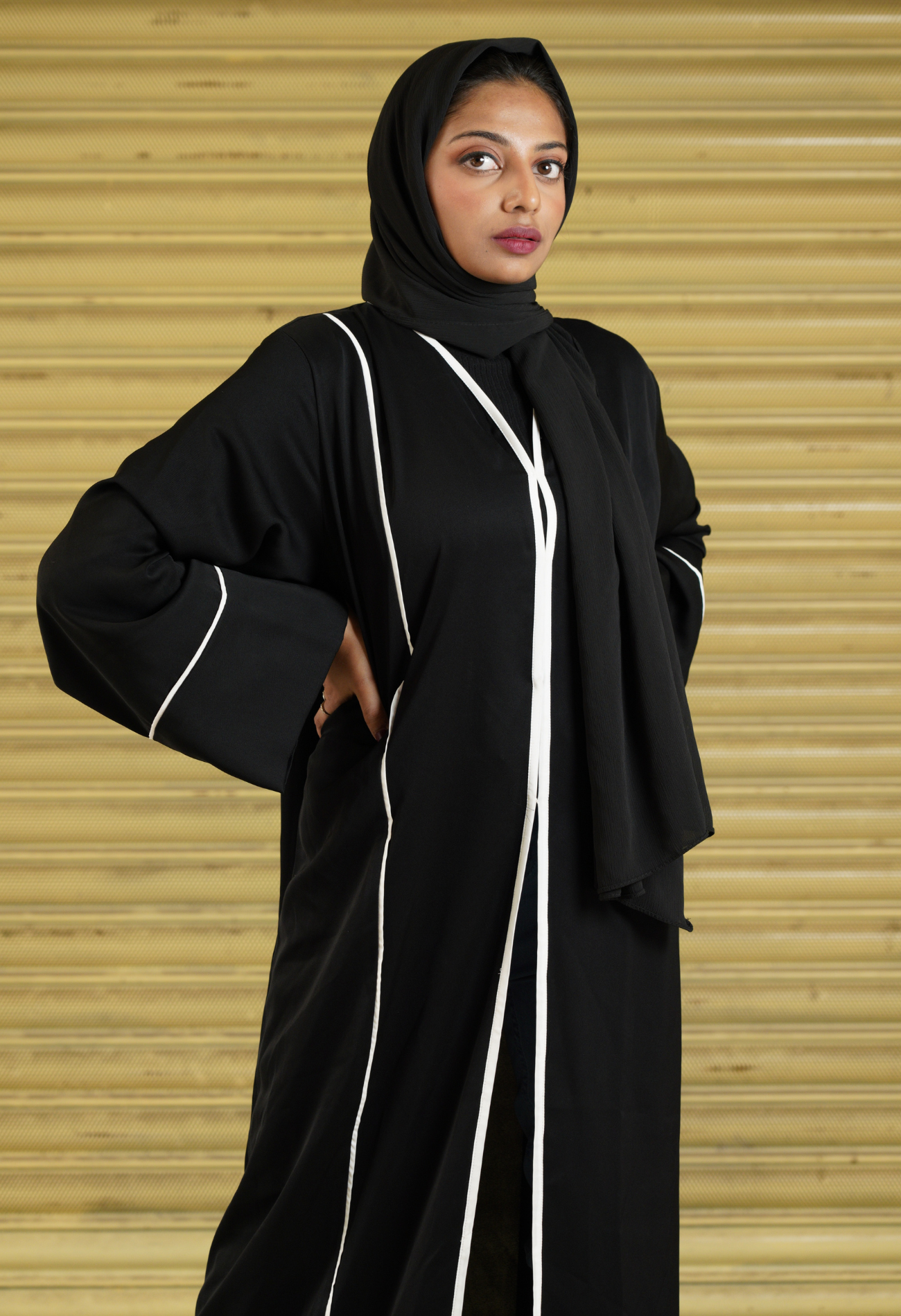 Black Front Open Abaya With White Piping