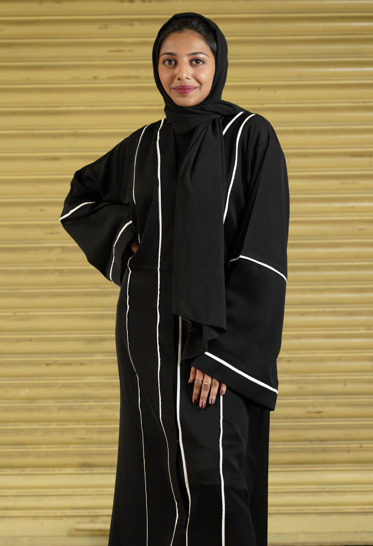 Black Front Open Abaya With Both Side White Strips