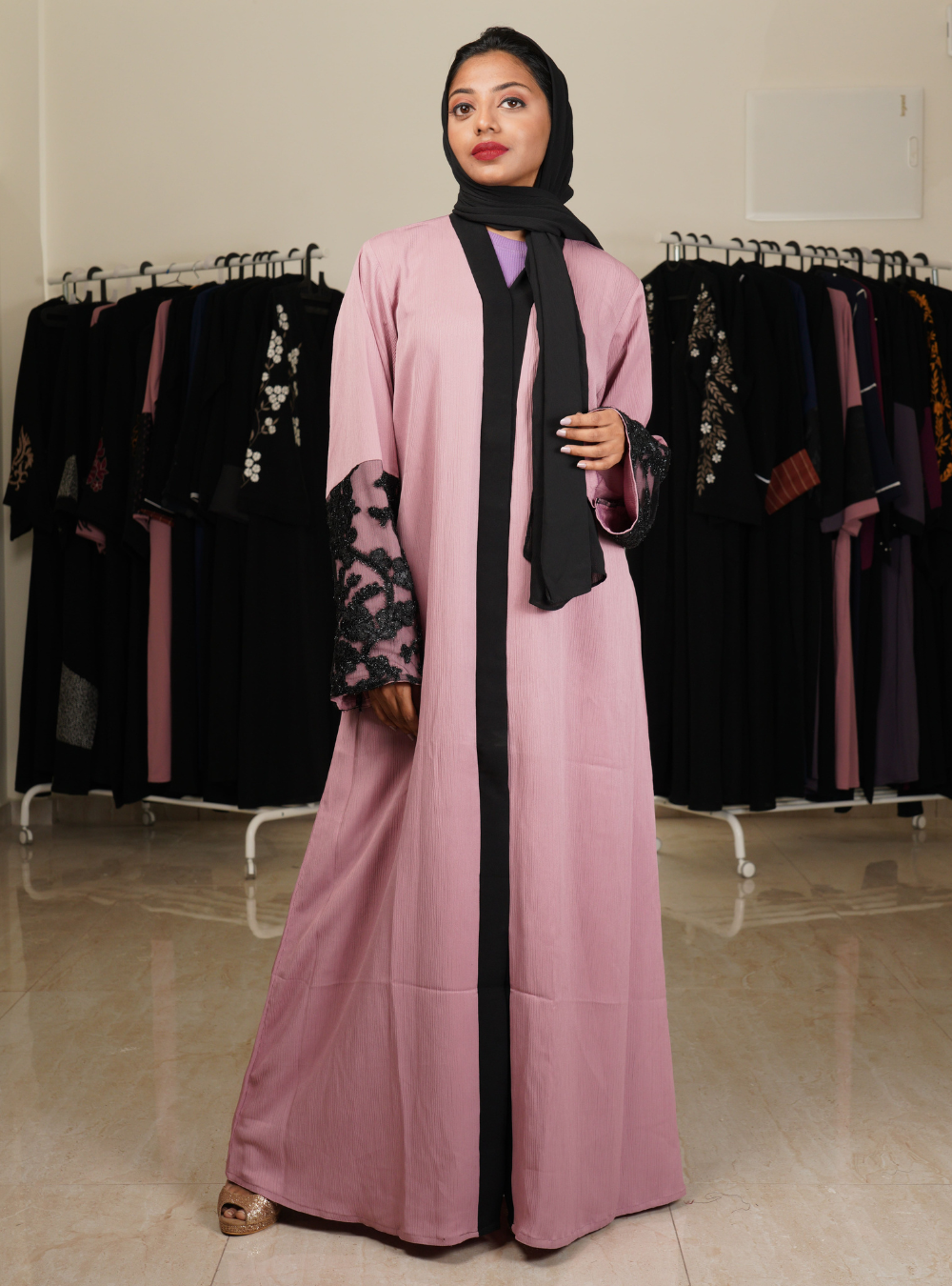 Pink Front Abaya With Black Net Sleeves