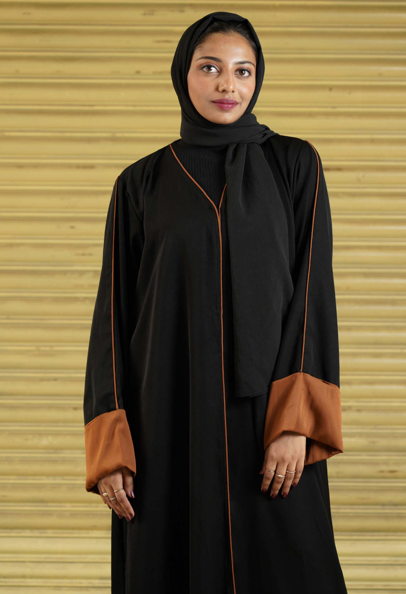 Black Front Open Abaya With Burnt Orange Piping