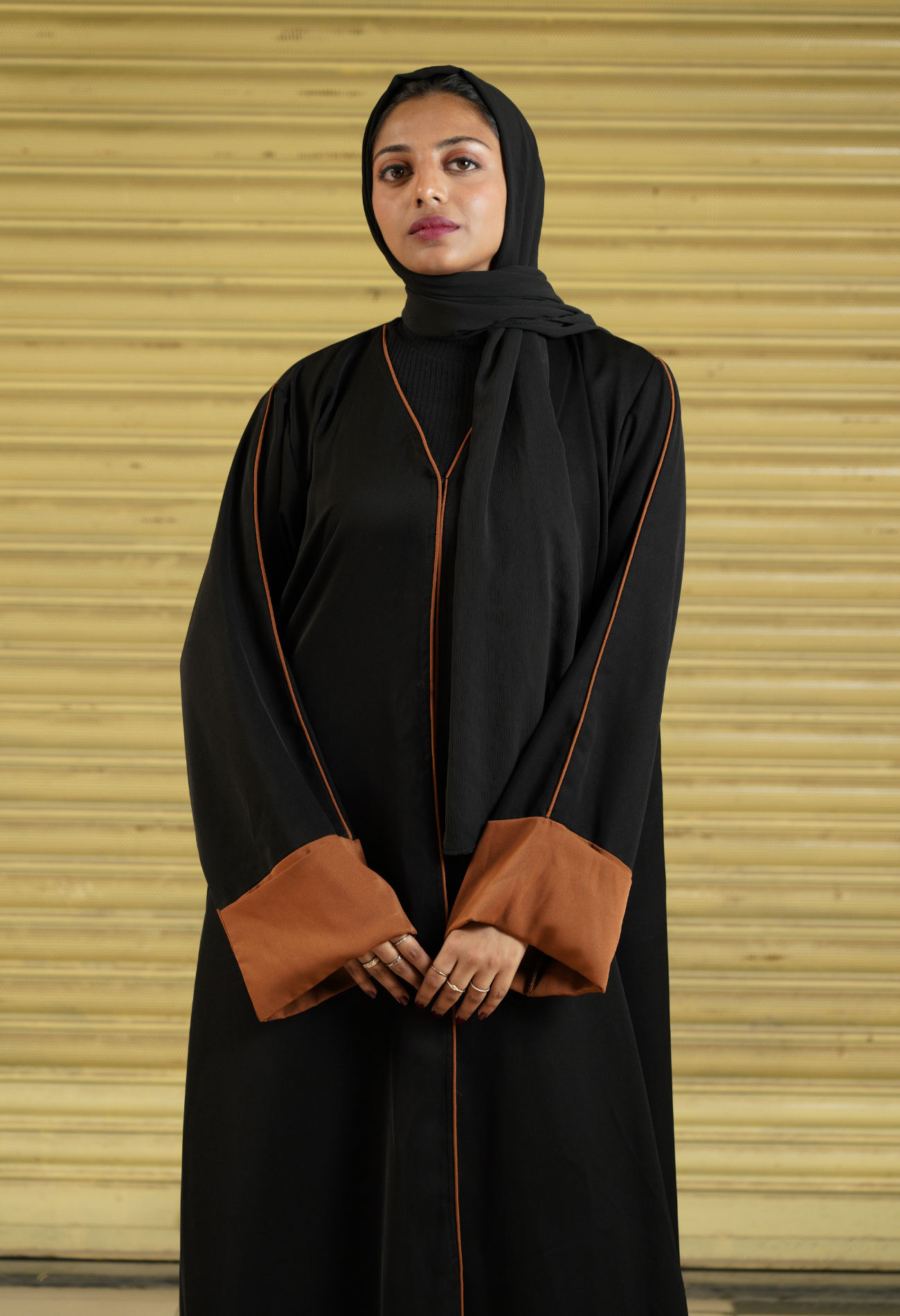 Black Front Open Abaya With Burnt Orange Piping