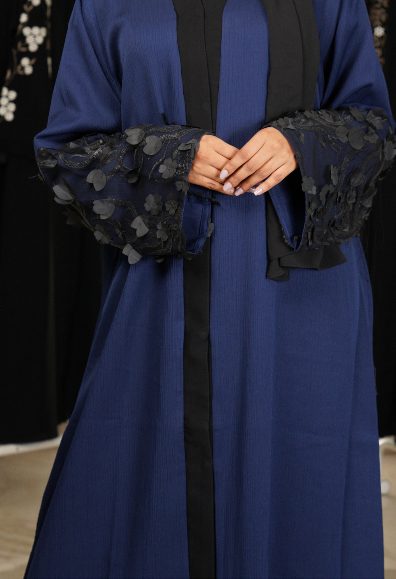 Texture Navy Blue Front Open Abaya With Net Sleeves