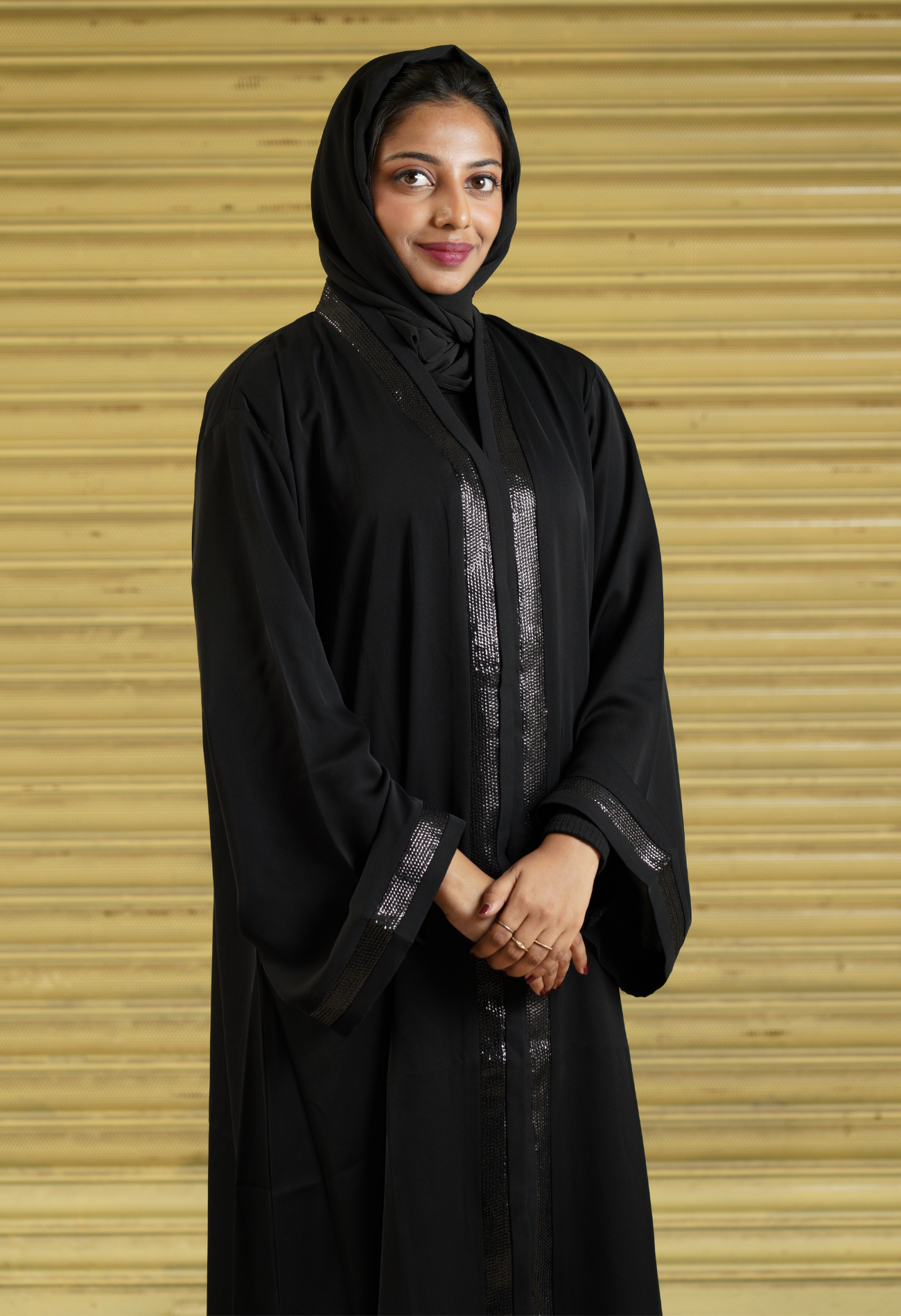 Black Front Open Abaya With Black Sequence Strip