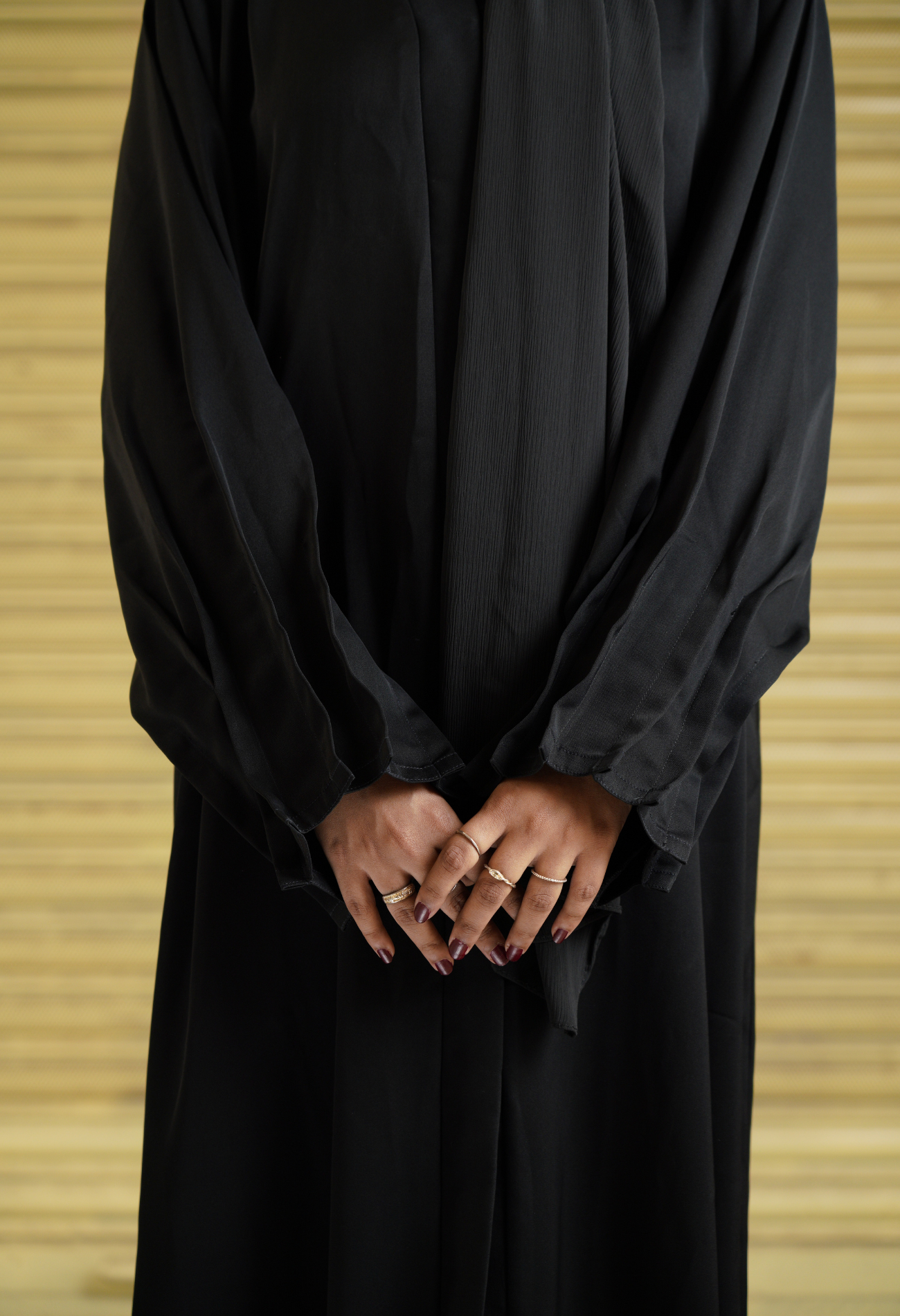 Basic Plain Black Front Open Abaya With Pleated Sleeves