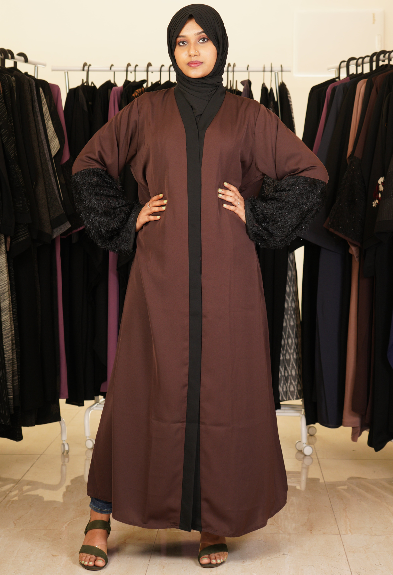 Brown Front Open Abaya With Fur On Sleeves