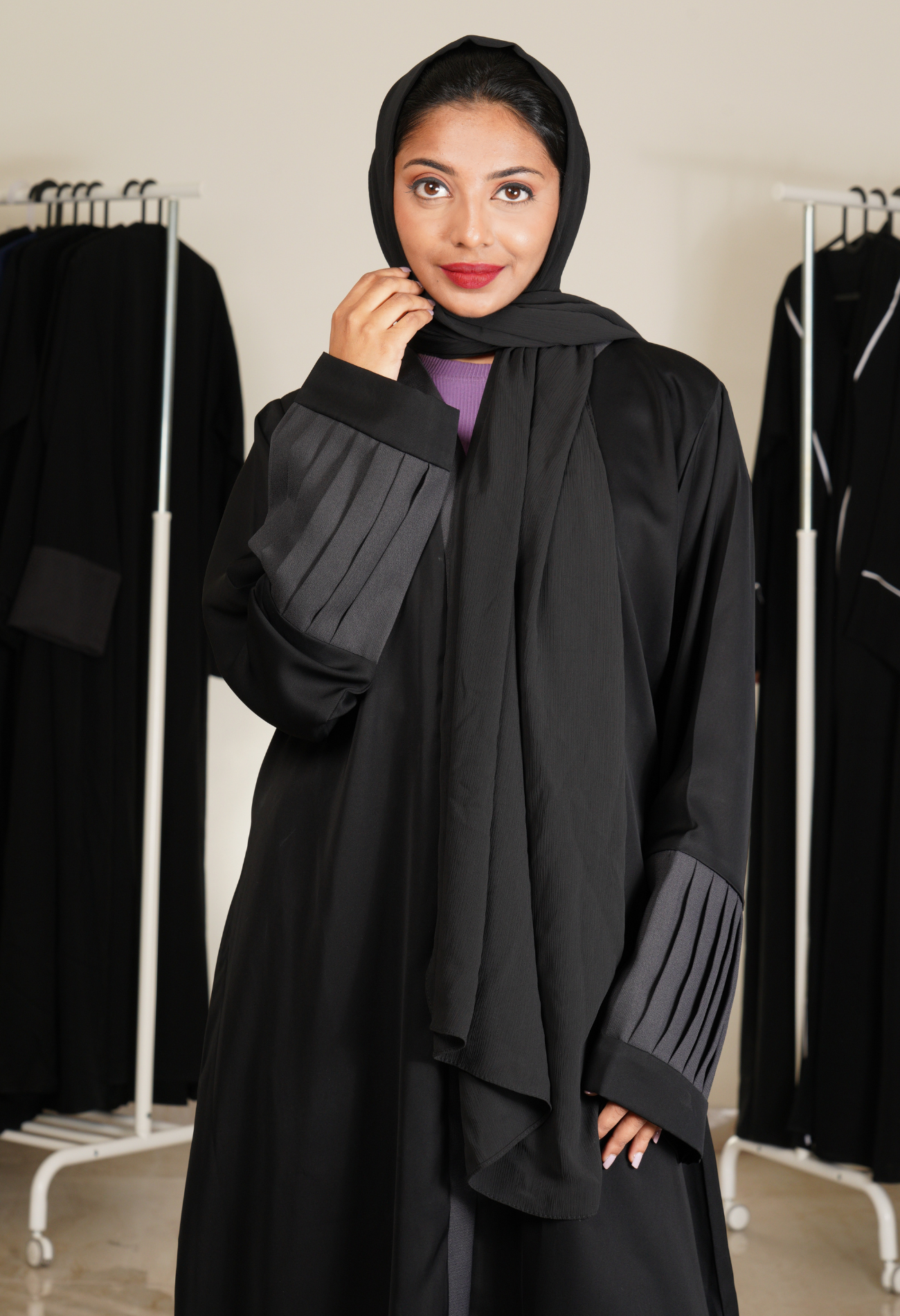 Black front open Abaya With Grey Pleated Sleeves