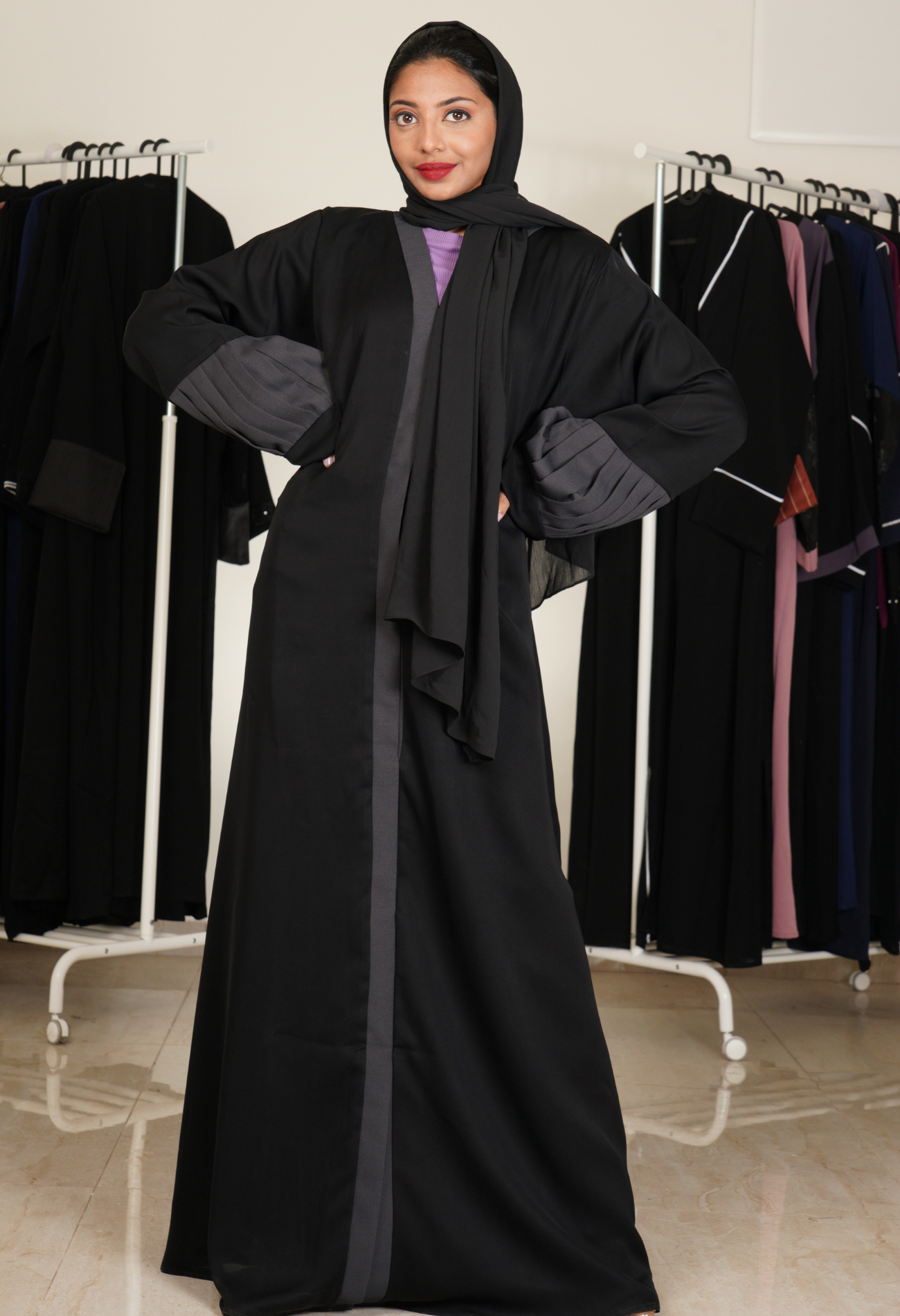 Black front open Abaya With Grey Pleated Sleeves