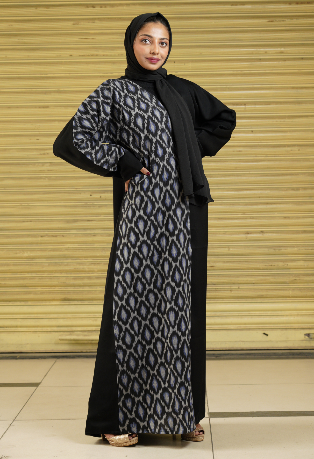 Two Tone Front Open Abaya With Ikkat Fabric