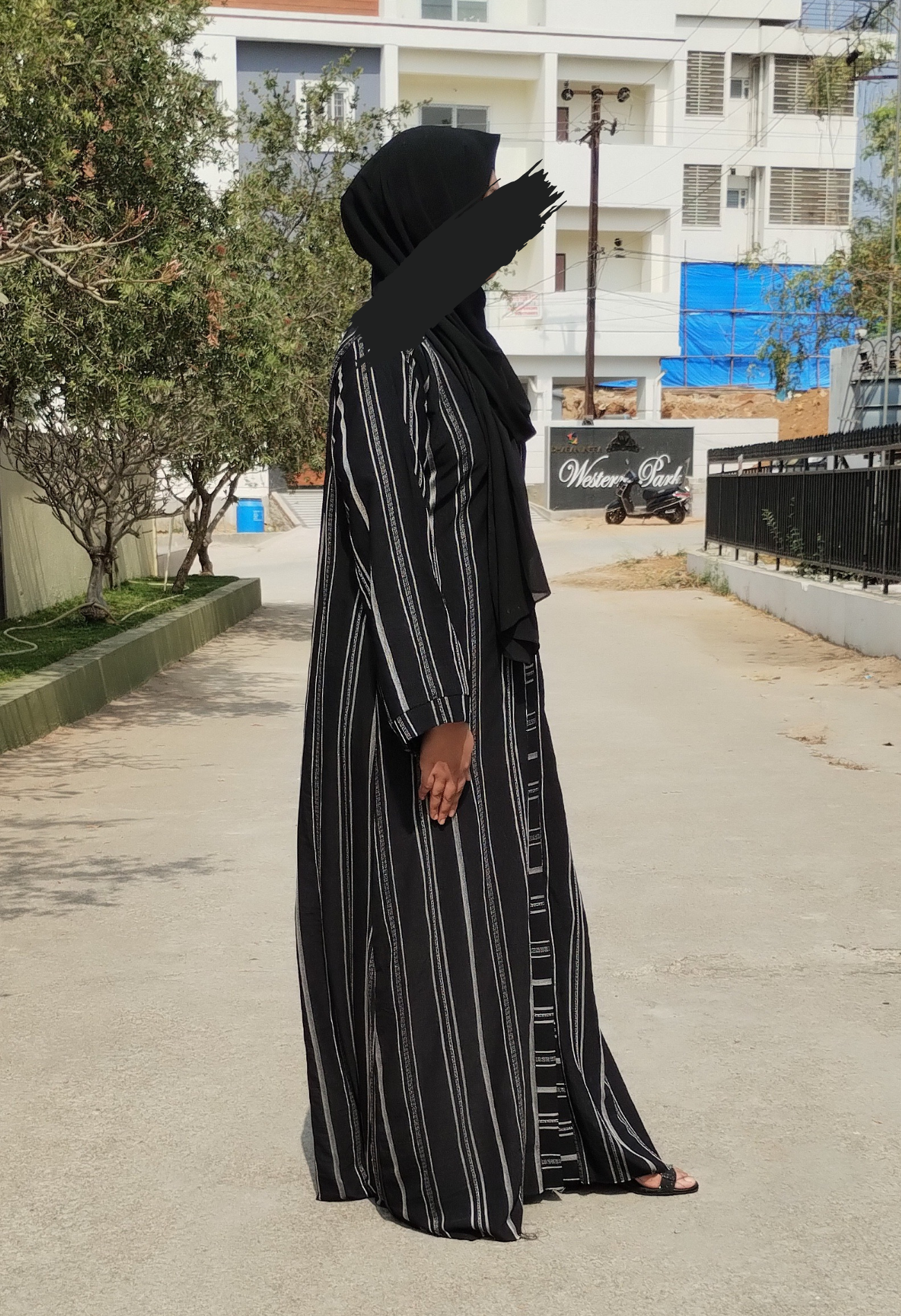 Black Front Open Abaya with White Threading