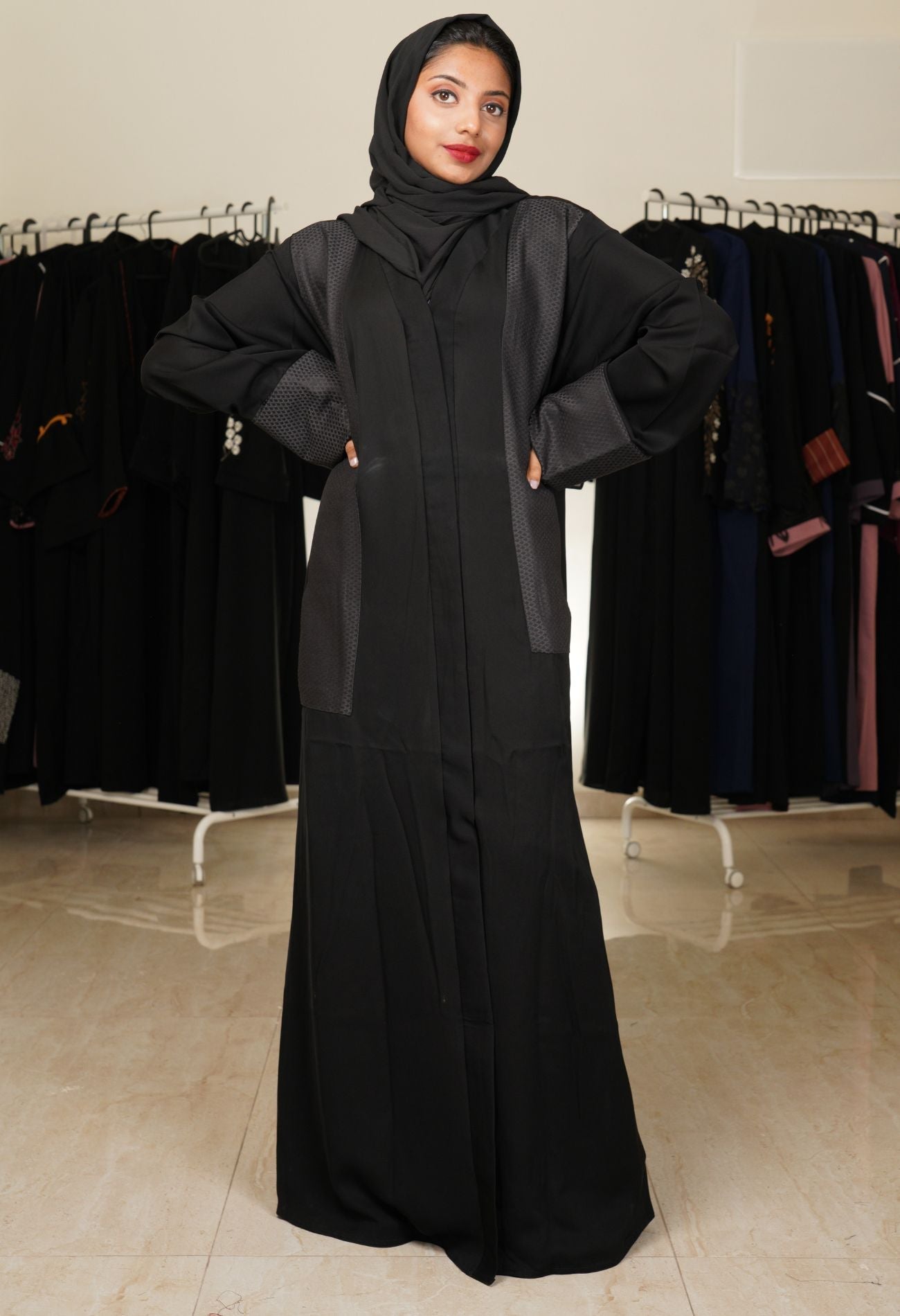 Black Front Open Abaya with Suiting Fabric Patch