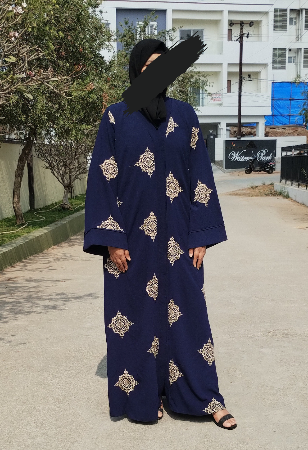 Navy Blue Front Open Embroidery Abaya