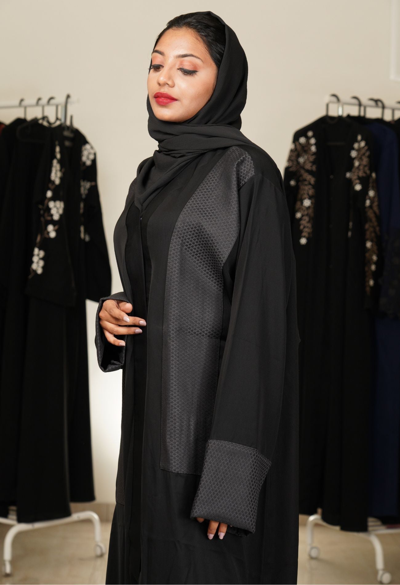 Black Front Open Abaya with Suiting Fabric Patch