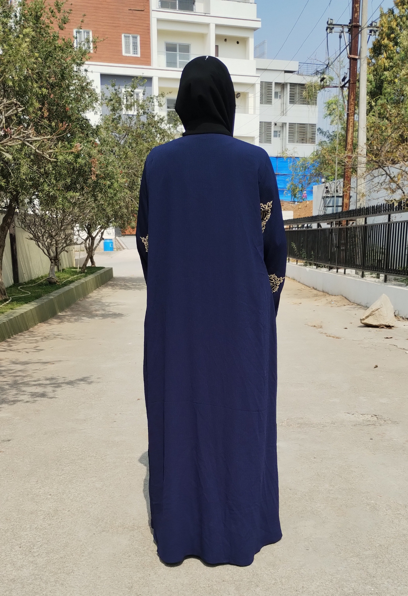 Navy Blue Front Open Embroidery Abaya