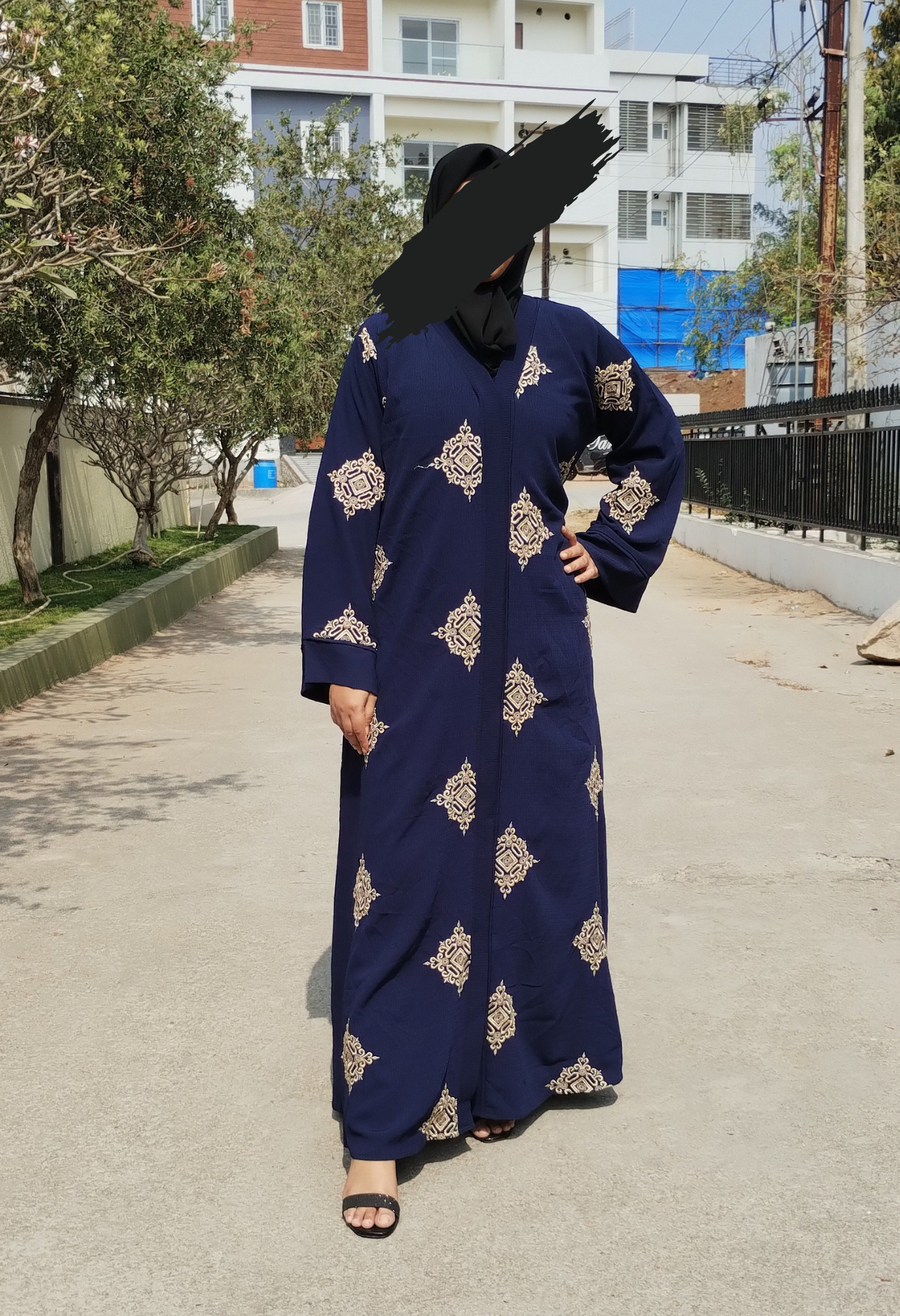 Navy Blue Texture front open Abaya with Embroidery