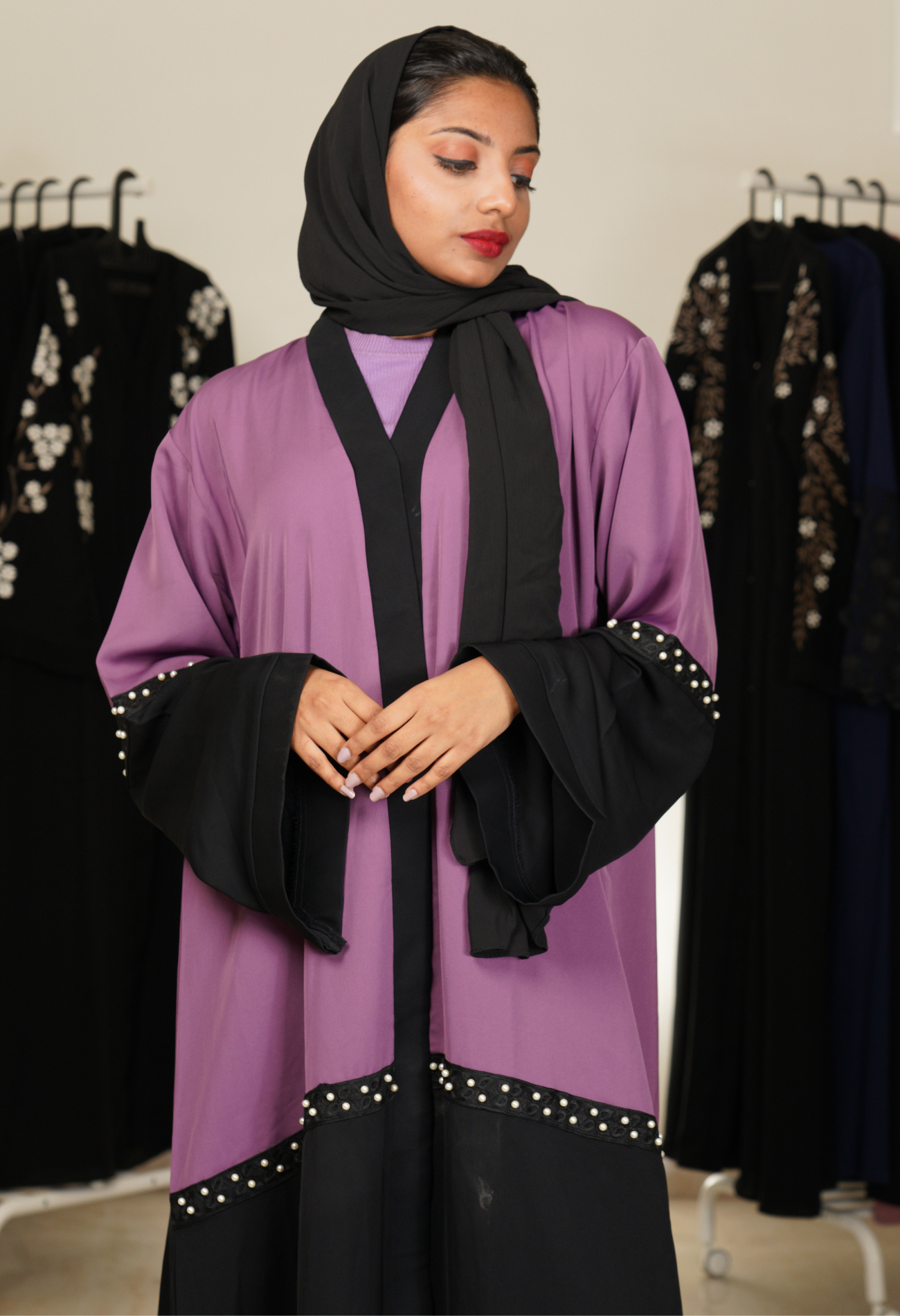 Two Tone Front Open Abaya with Pearl Lace