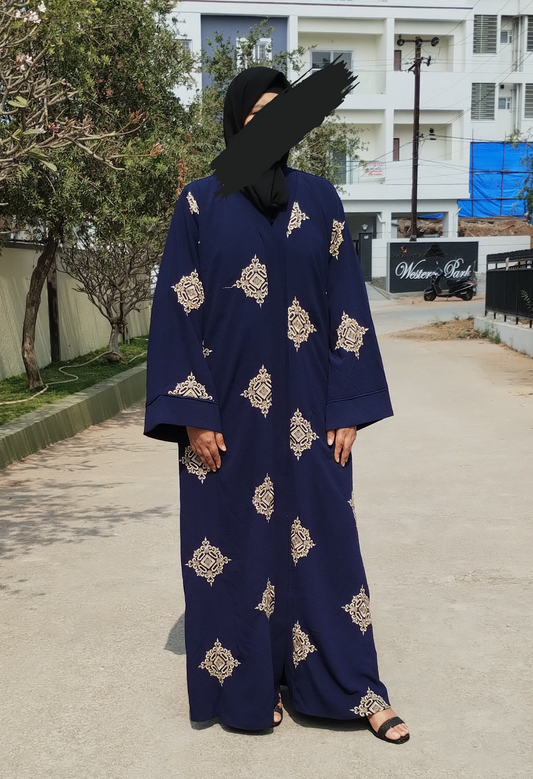 Navy Blue Texture front open Abaya with Embroidery
