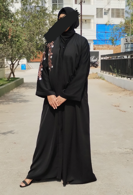 Black Front Open One Sided Embroidery Abaya