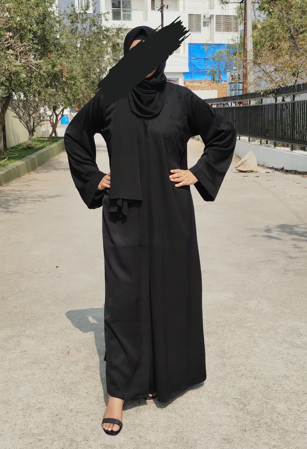 Black Front Open Abaya With Black  Artificial Stones
