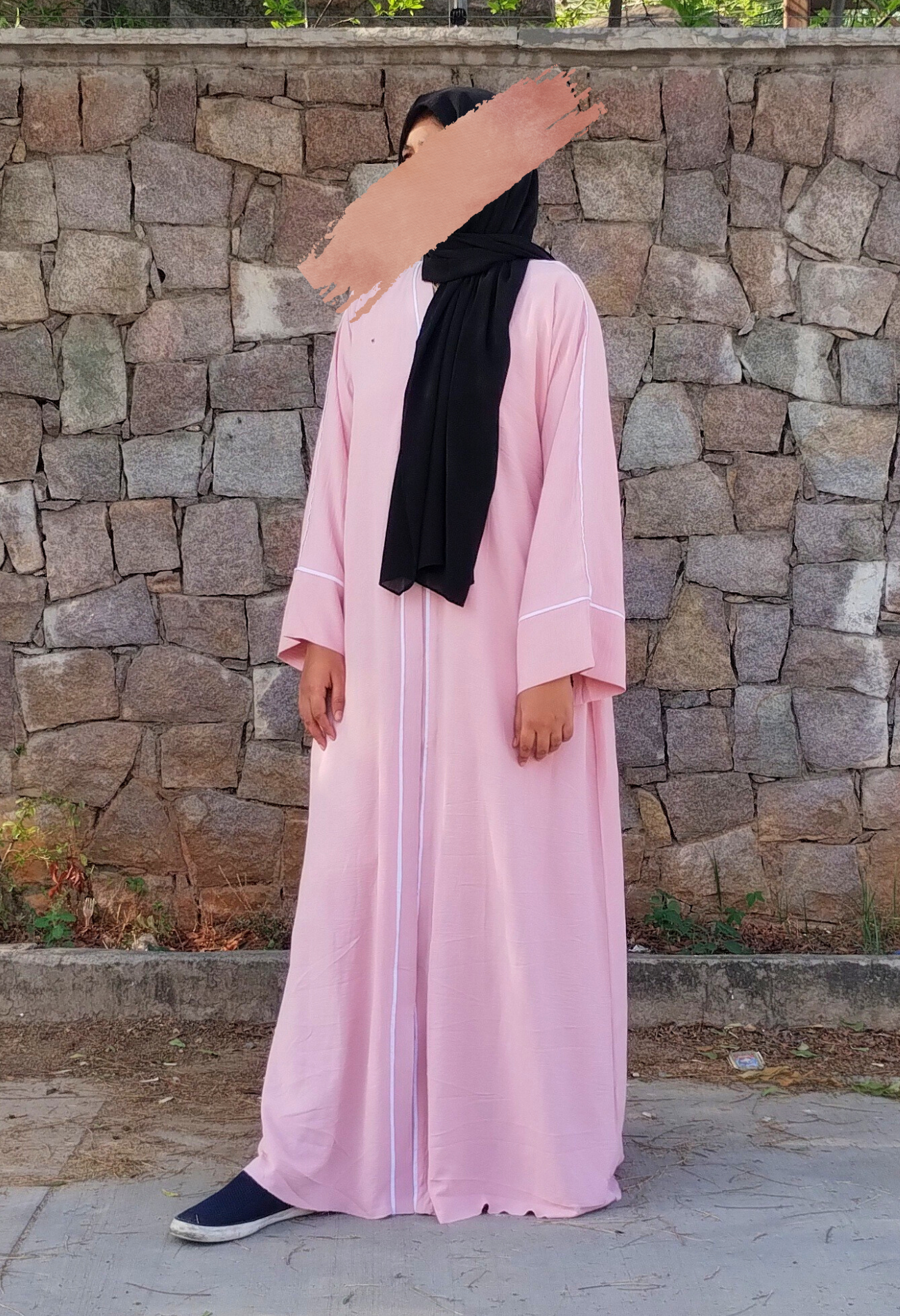 Pink Cye Front Open Abaya With White Piping