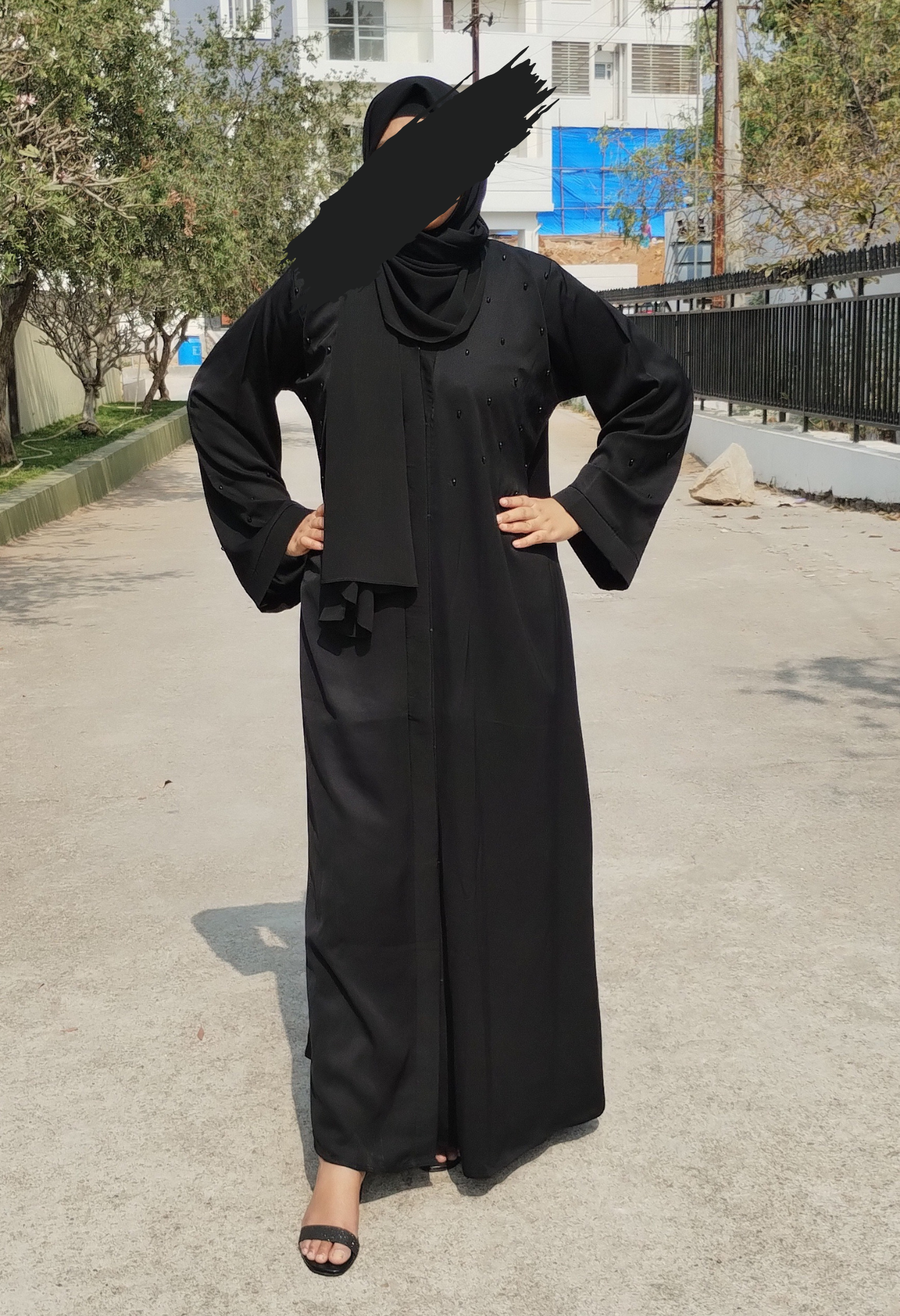 Black Front Open Abaya with Black Beads