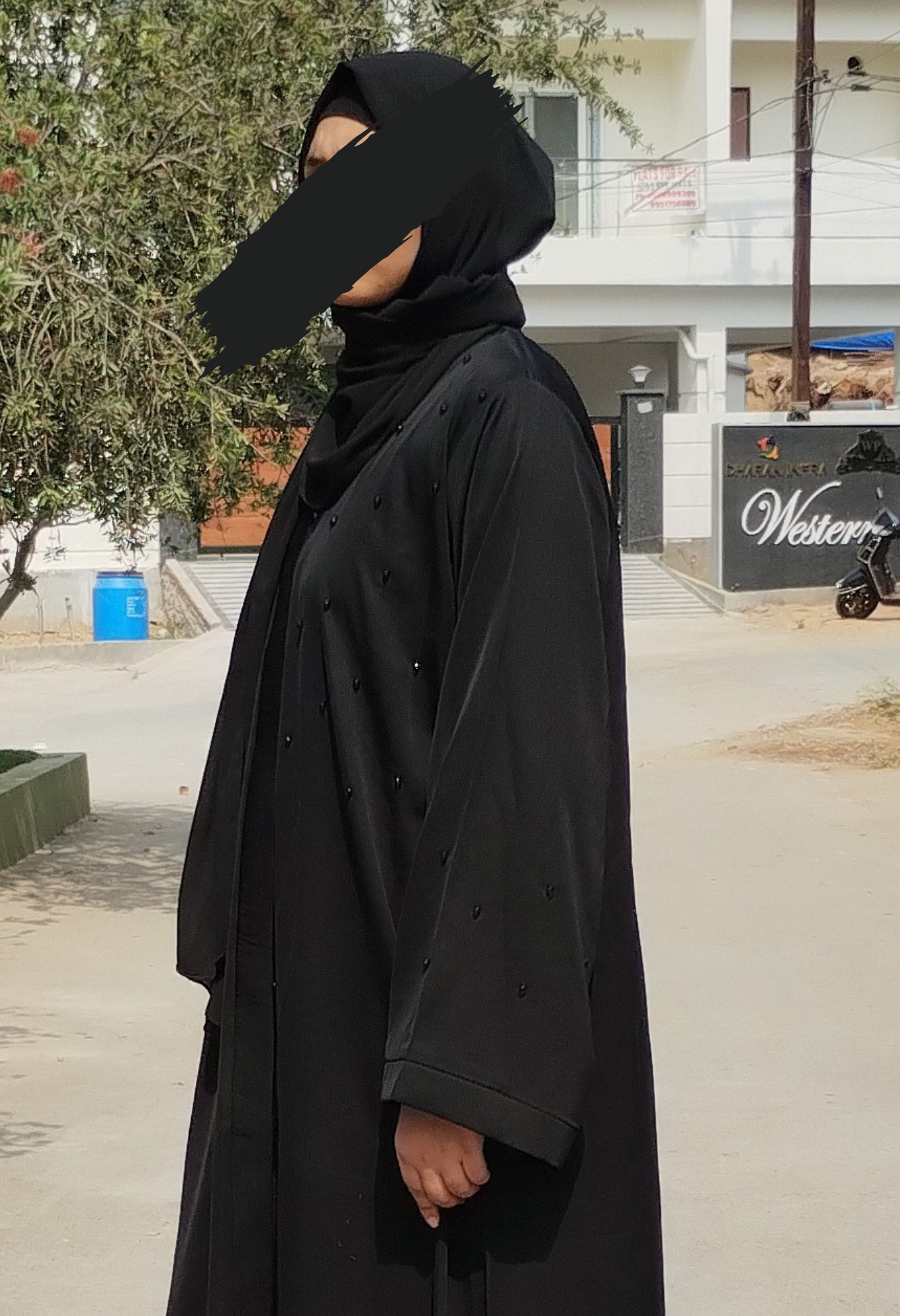 Black Front Open Abaya With Black  Artificial Stones