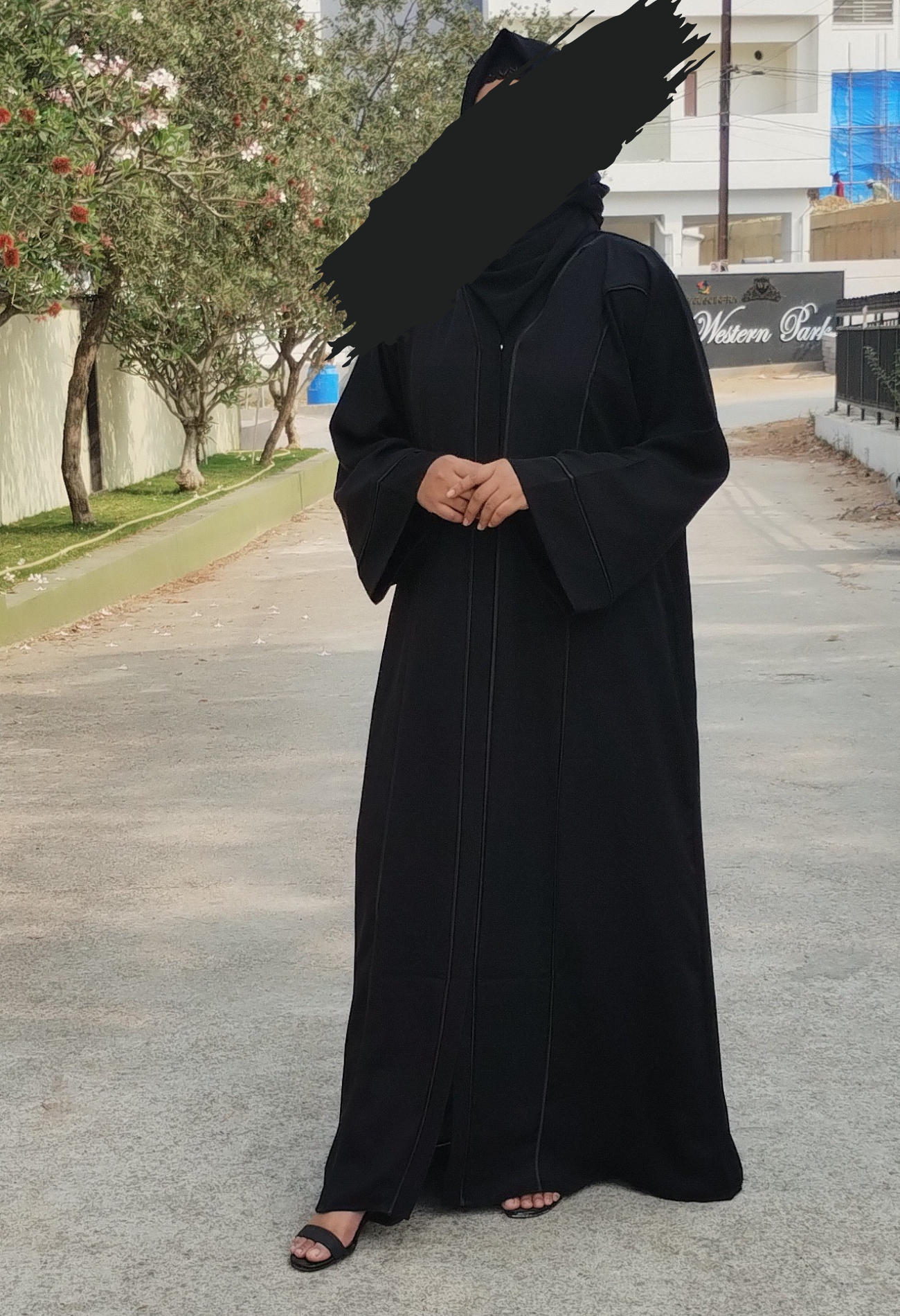 Black Front Open Abaya with Satin Strips