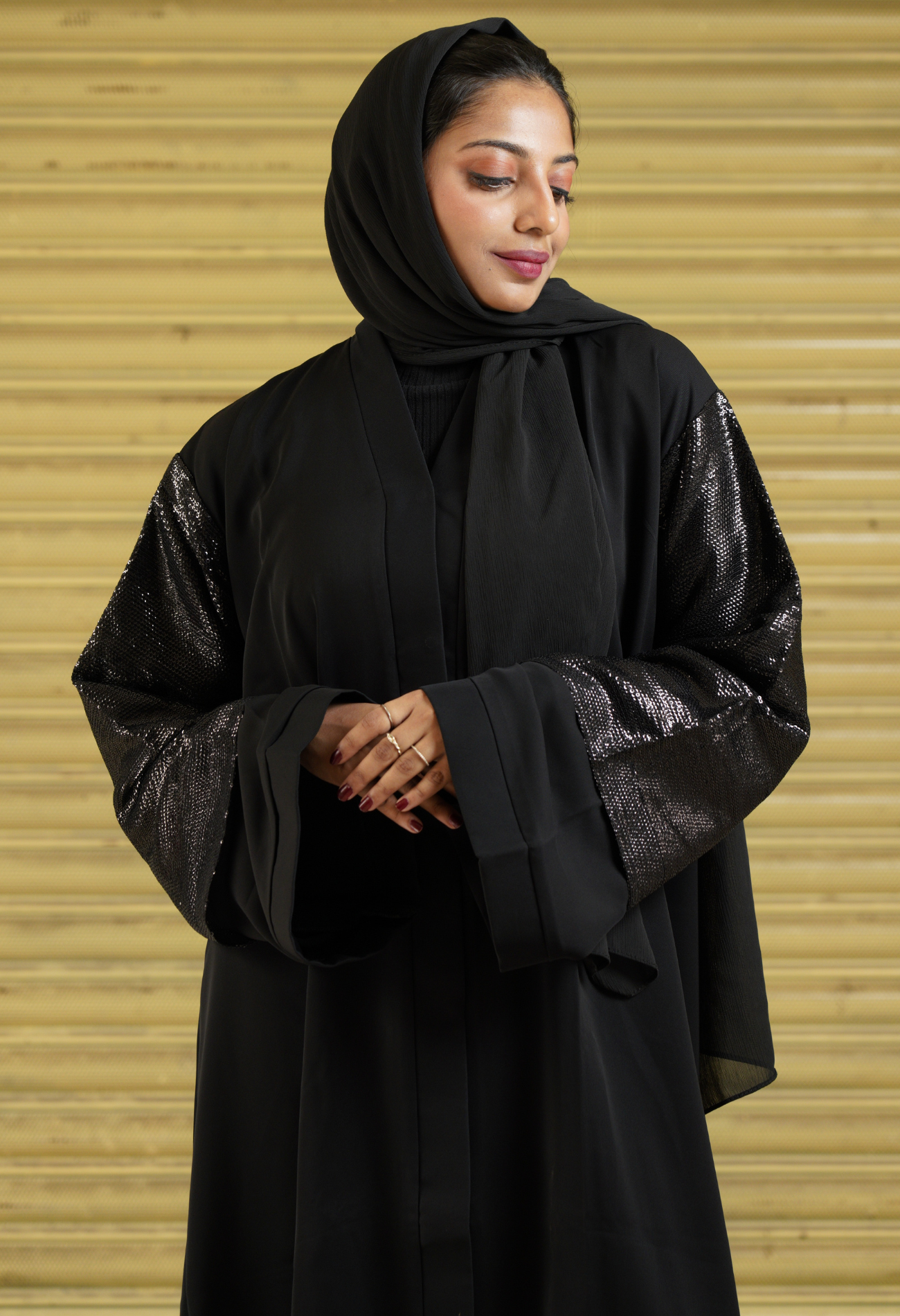 Black Front Open Abaya With Sequence Sleeves