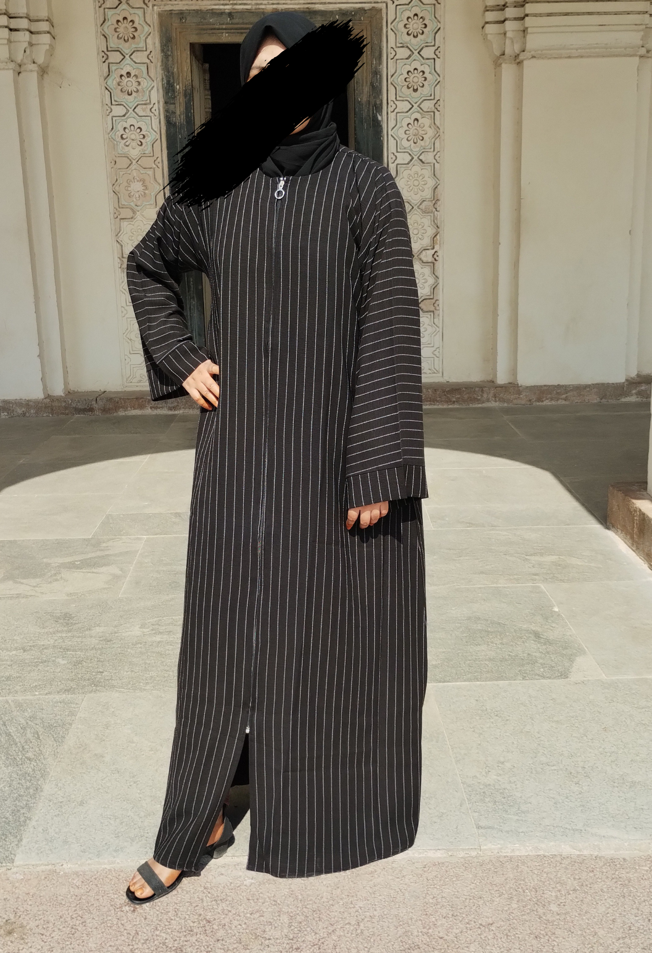 Black Pinstripe front Open Abaya with Zipper