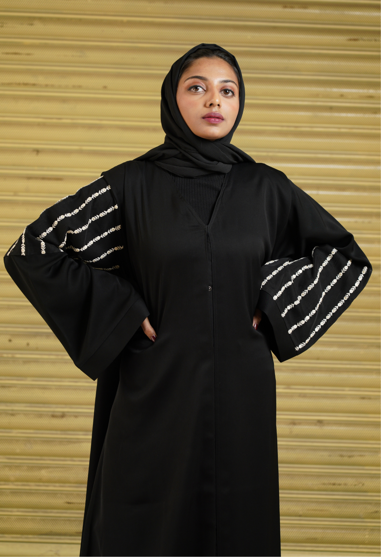 Black Front Open Abaya with Net Sleeves