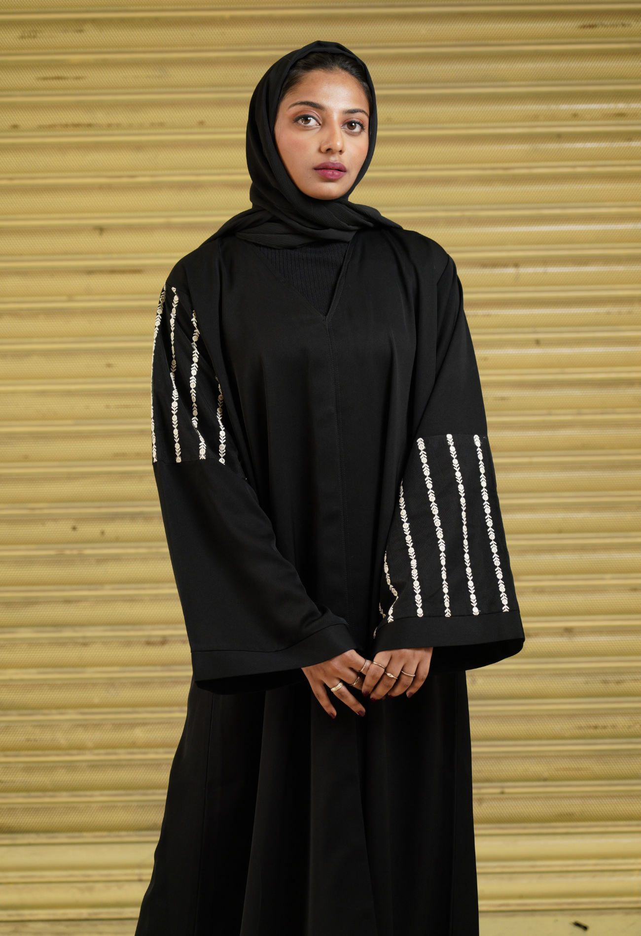Black Front Open Abaya with Net Sleeves