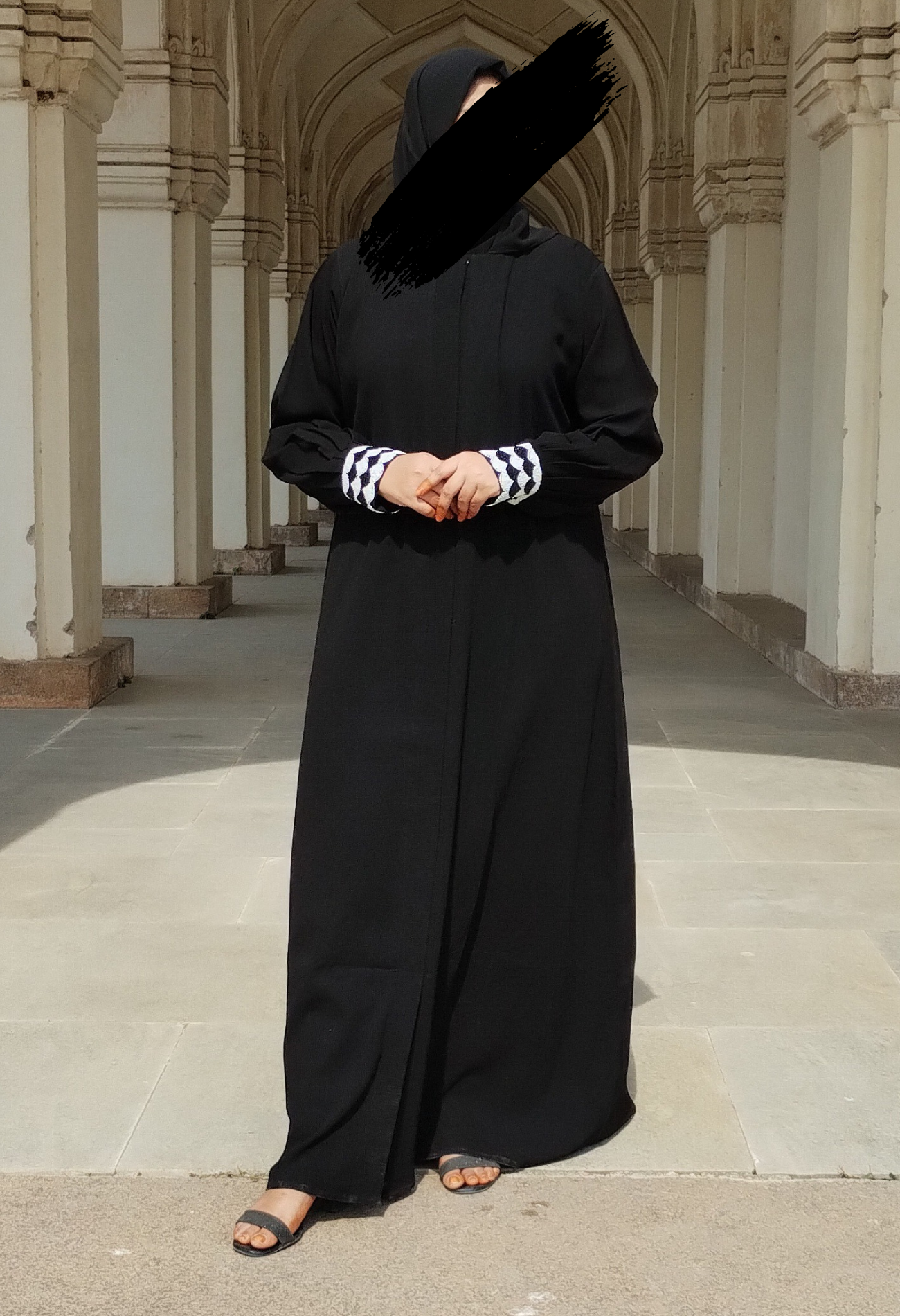 Black Front-Open Abaya with Handcrafted cuff sleeves
