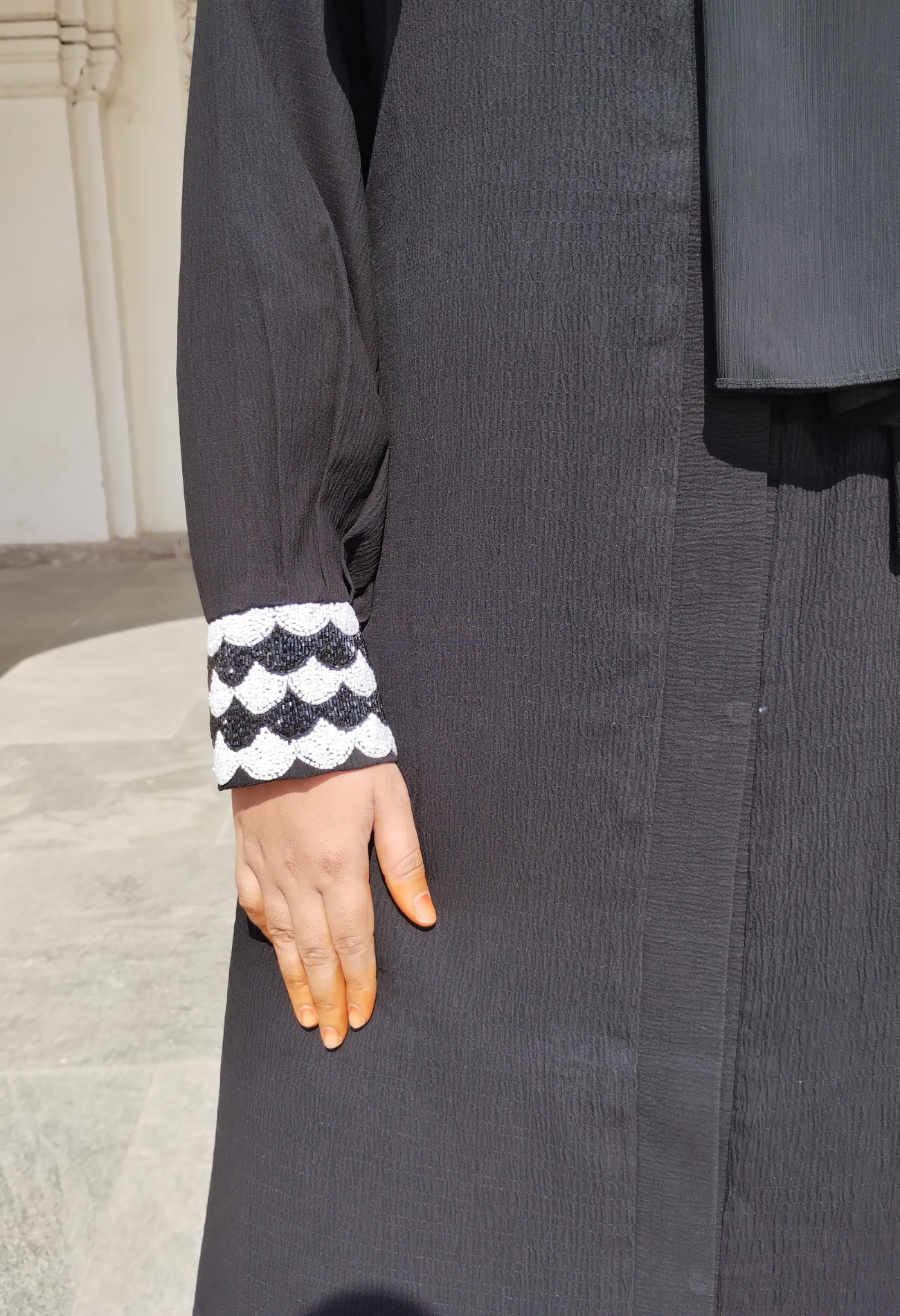 Black Front-Open Abaya with Handcrafted cuff sleeves