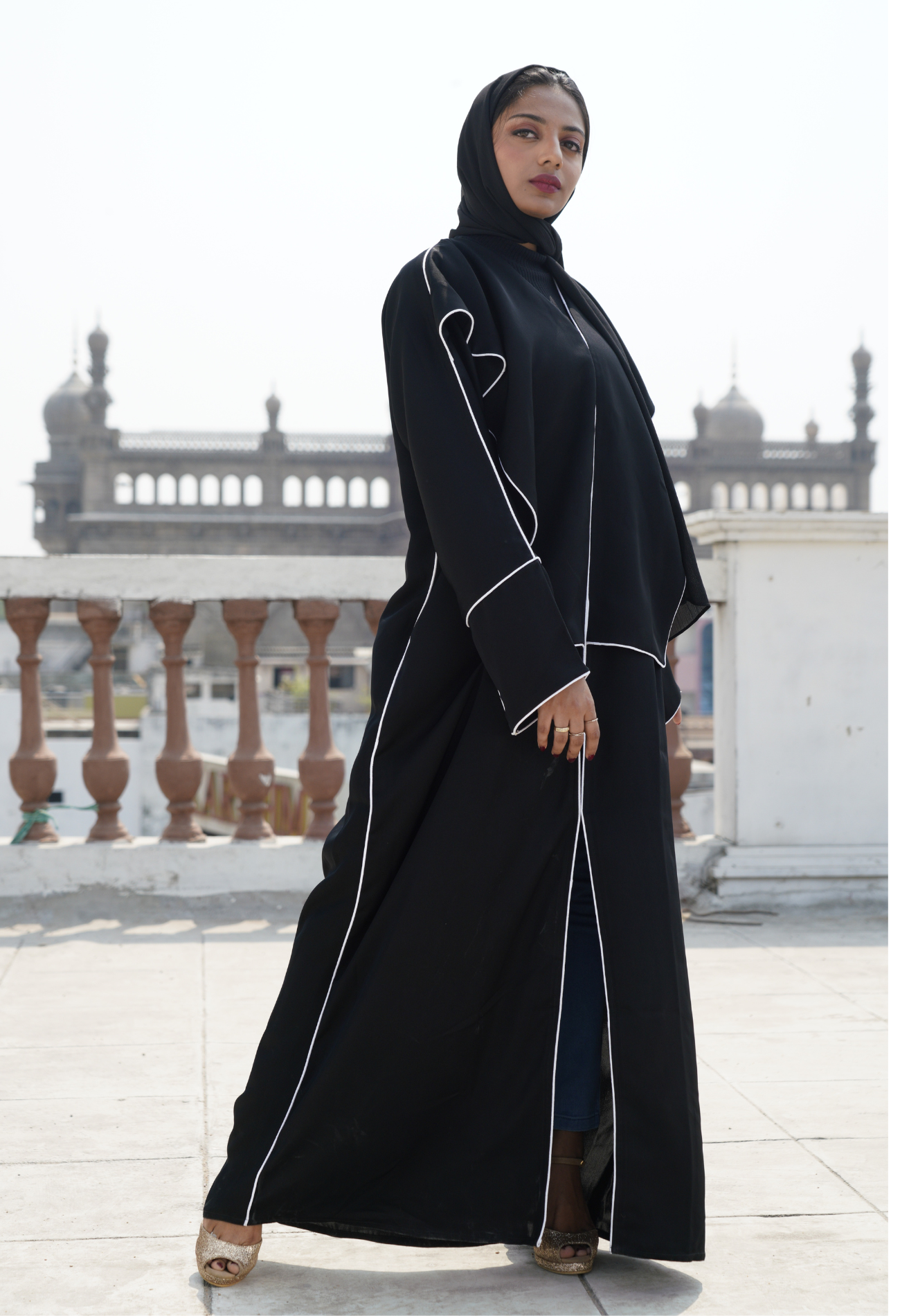 Elegant Black front Open Abaya with Contrasting White Piping