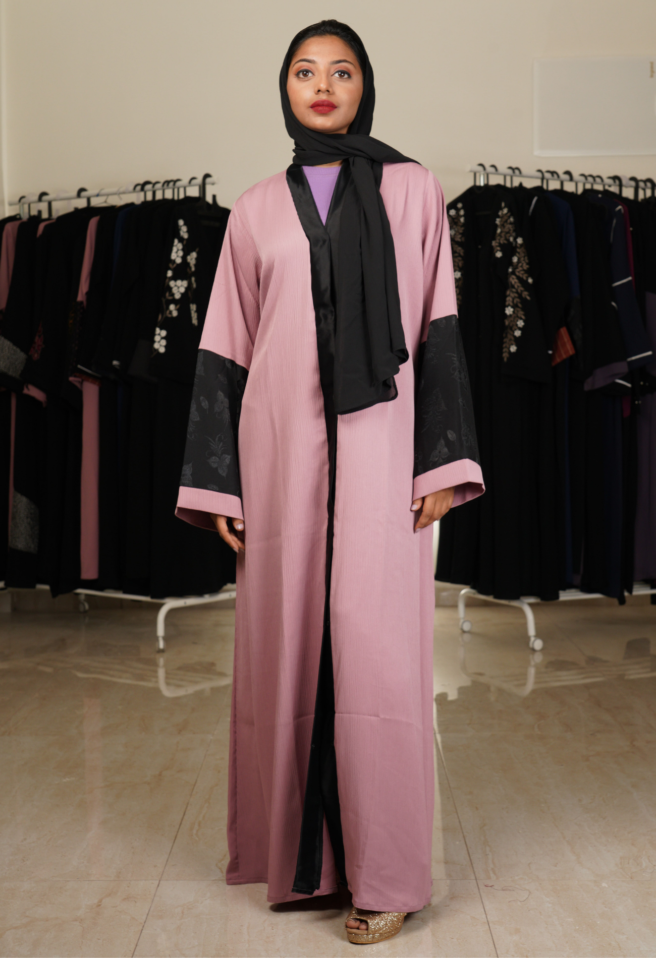 Pink Front Open Abaya With Black Sleeves