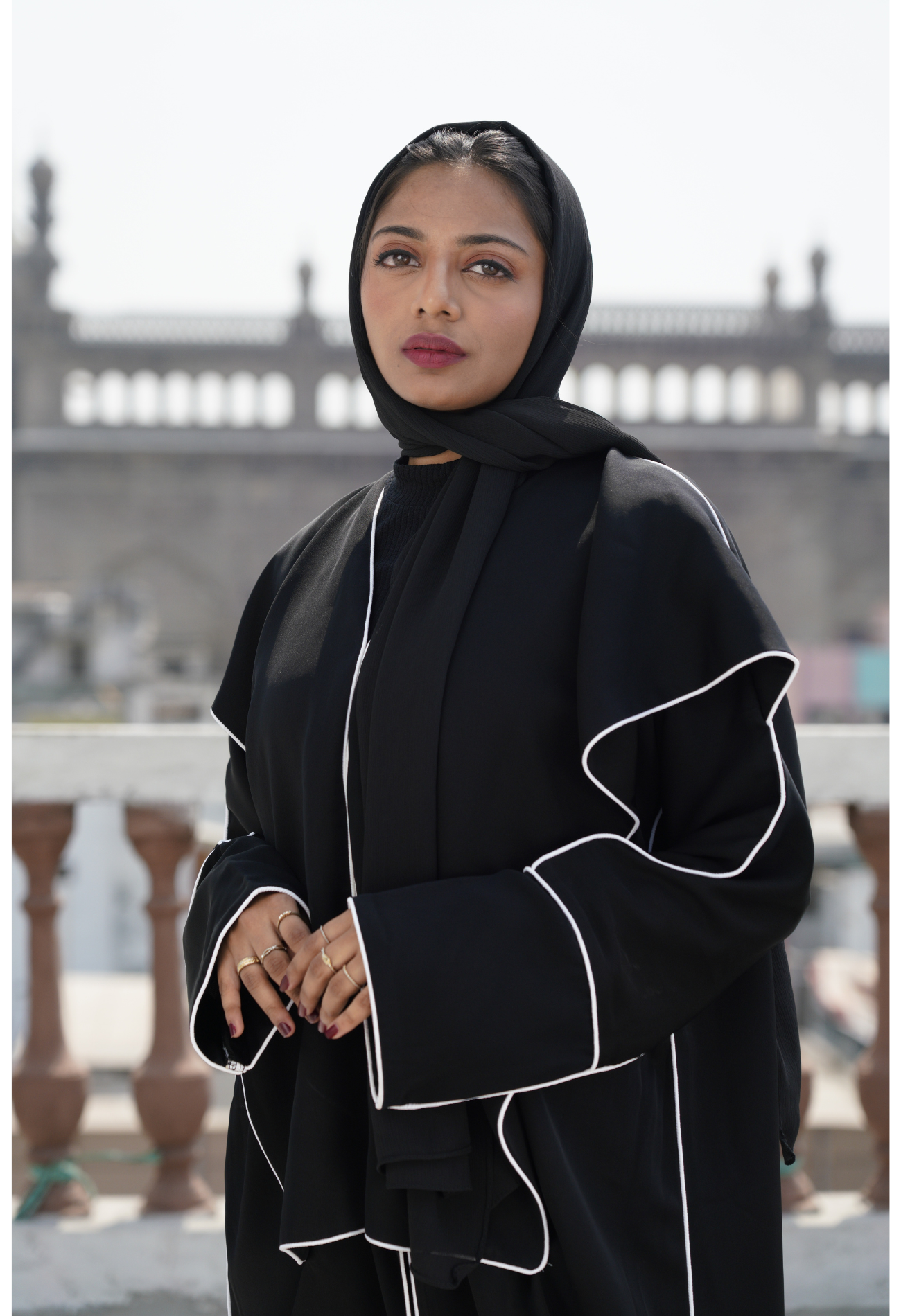 Elegant Black front Open Abaya with Contrasting White Piping