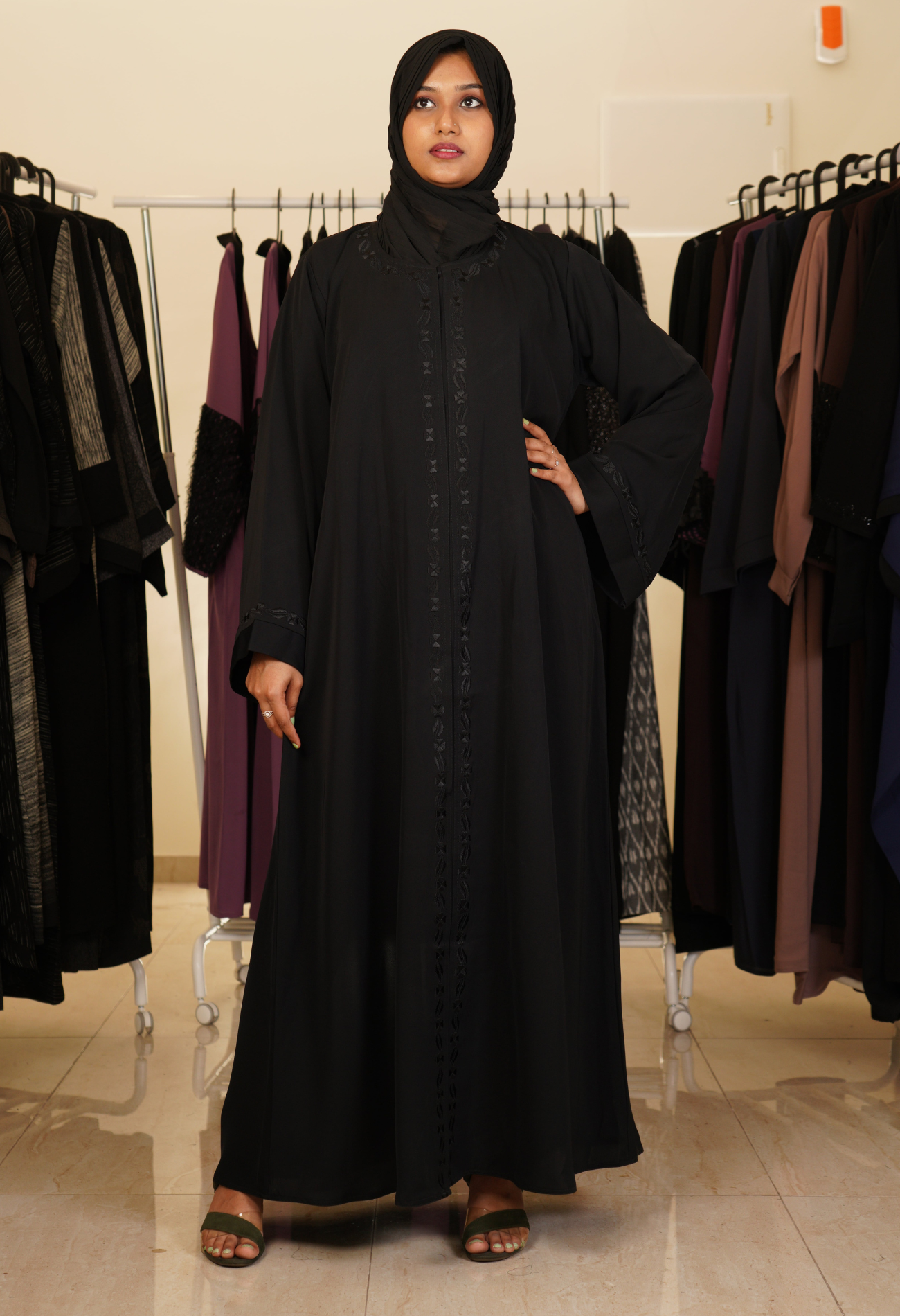 Black Front Open Abaya With Floral Black Embroidery