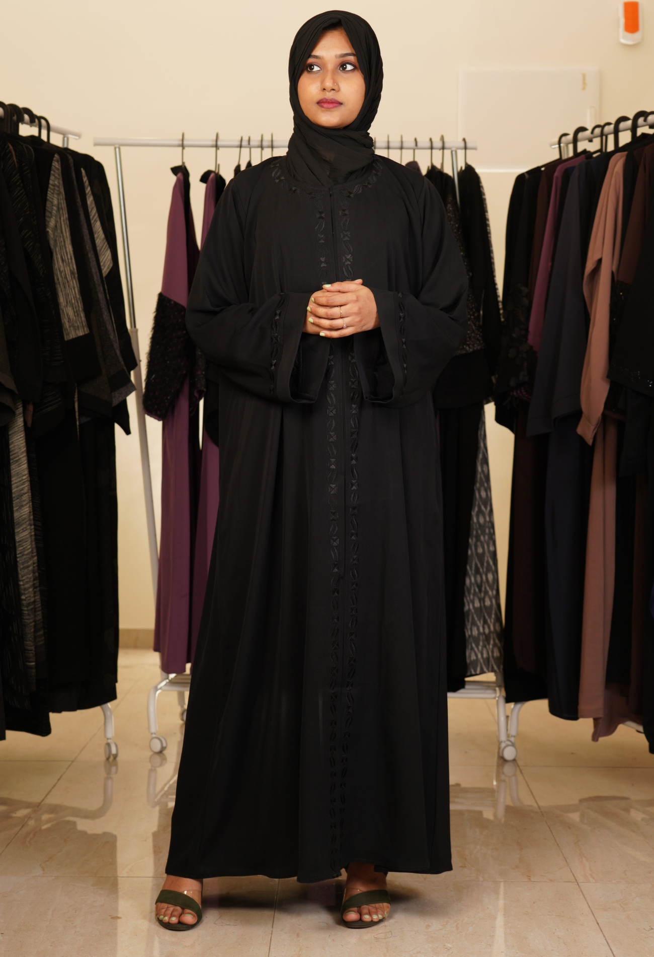 Black Front Open Abaya With Floral Black Embroidery
