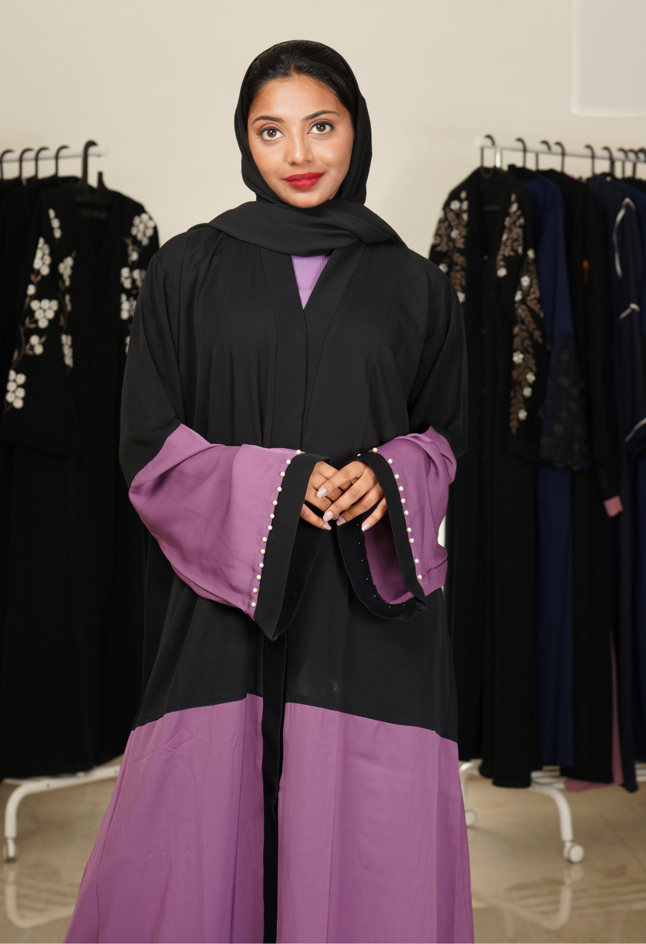 Two Tone front open Abaya with Pearls