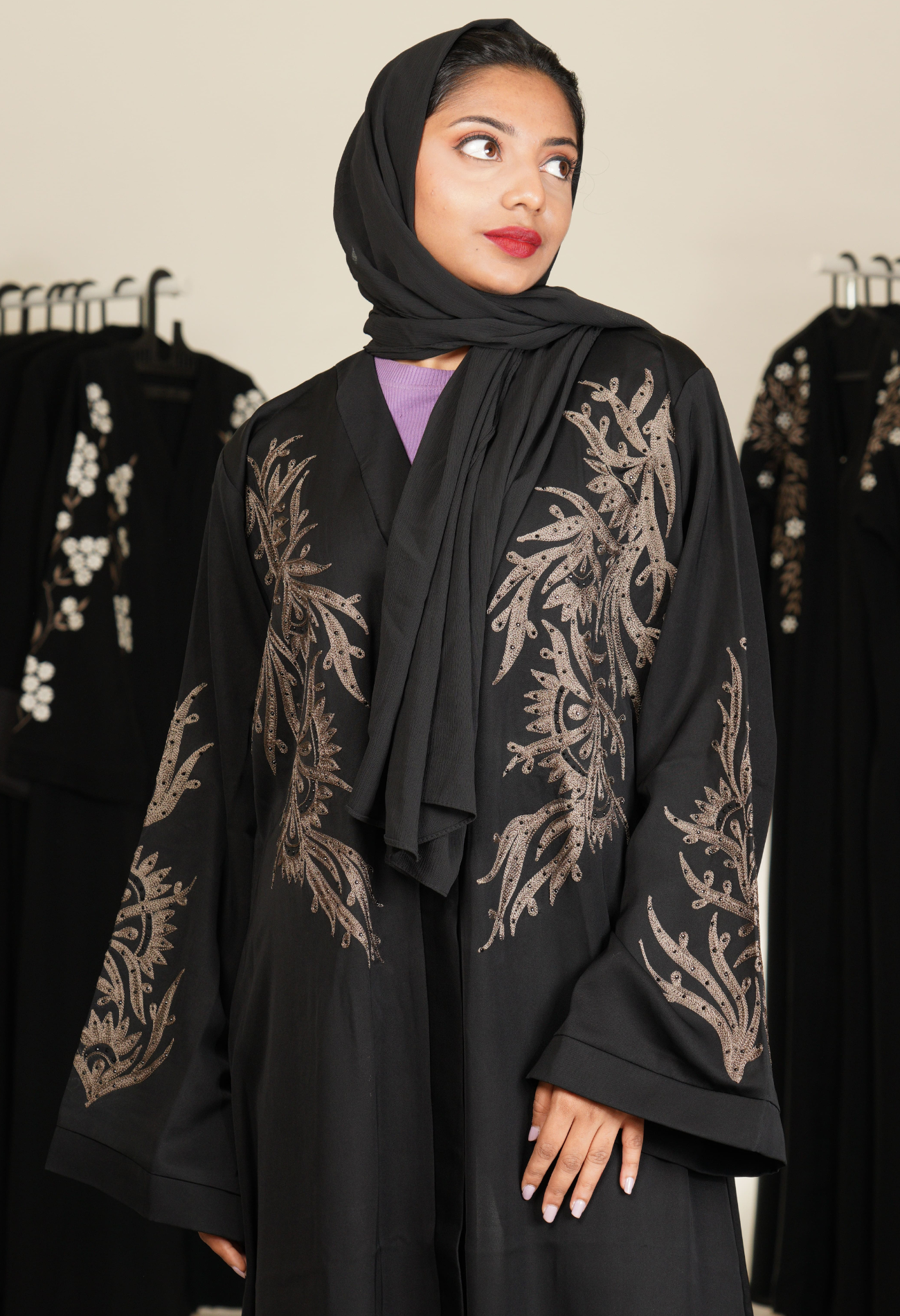 Black Aari Work Front Open Abaya