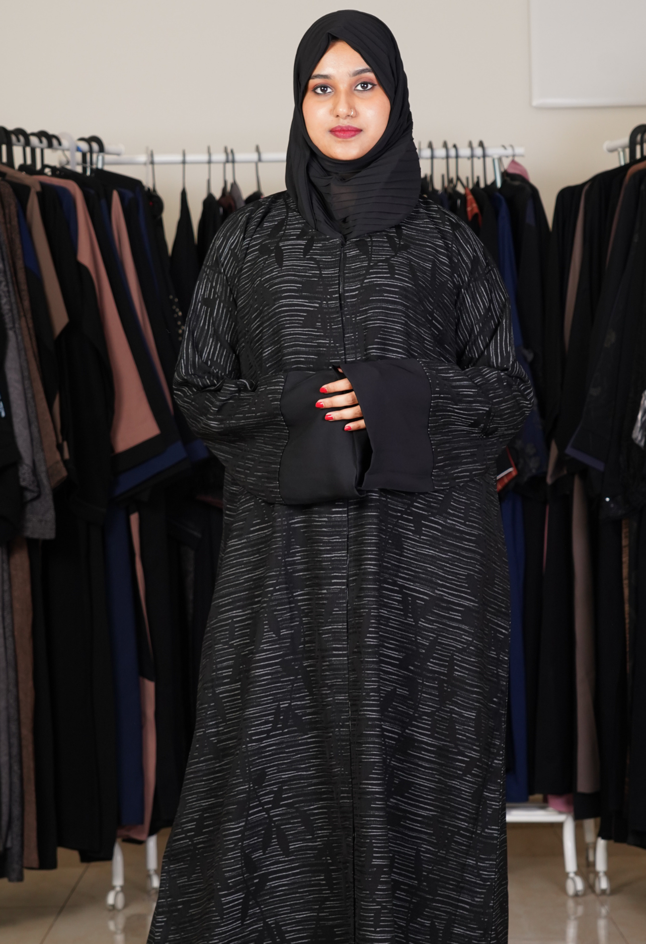 Black Self Design Front Open Abaya