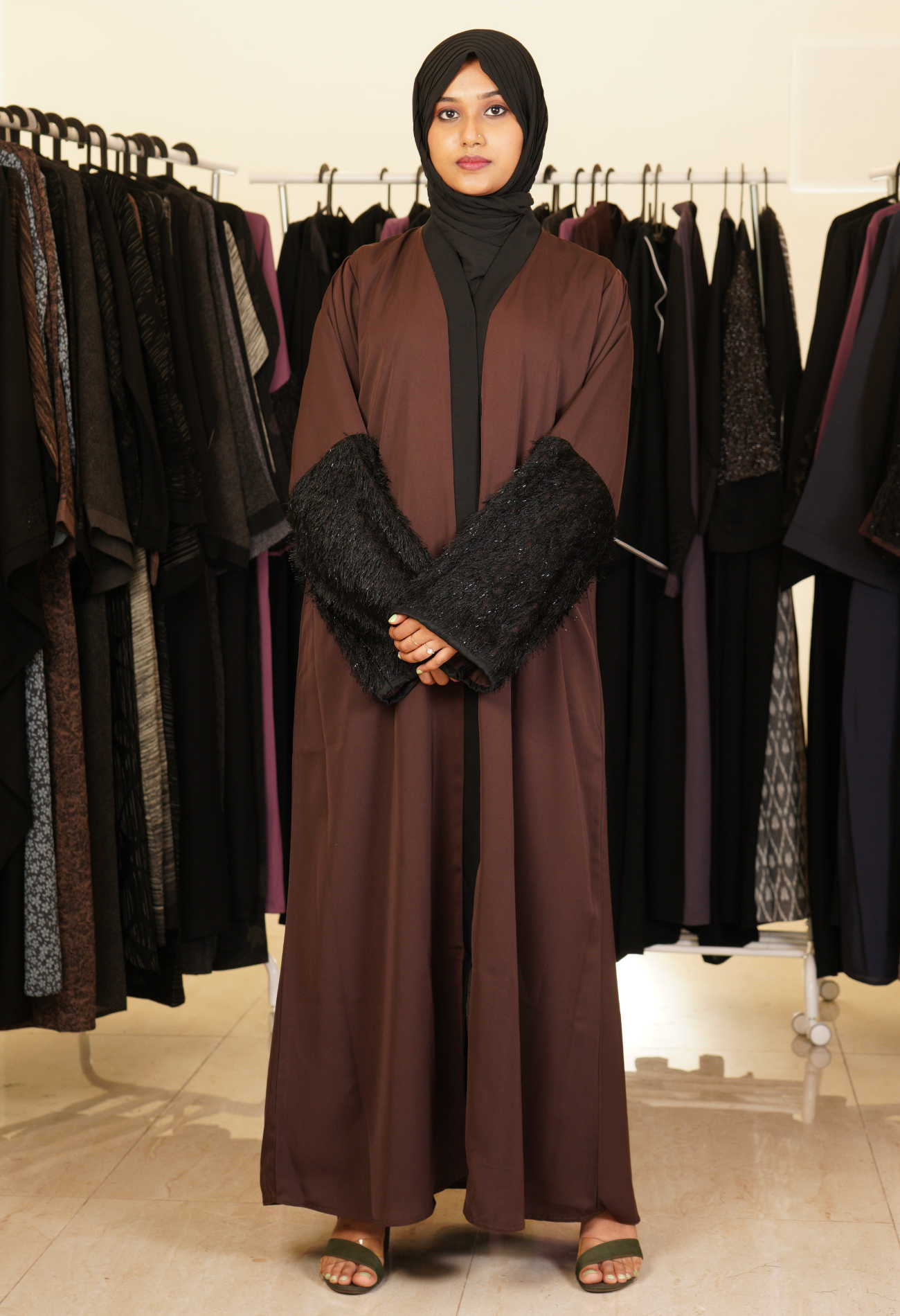 Brown Abaya With Fur On Sleeves