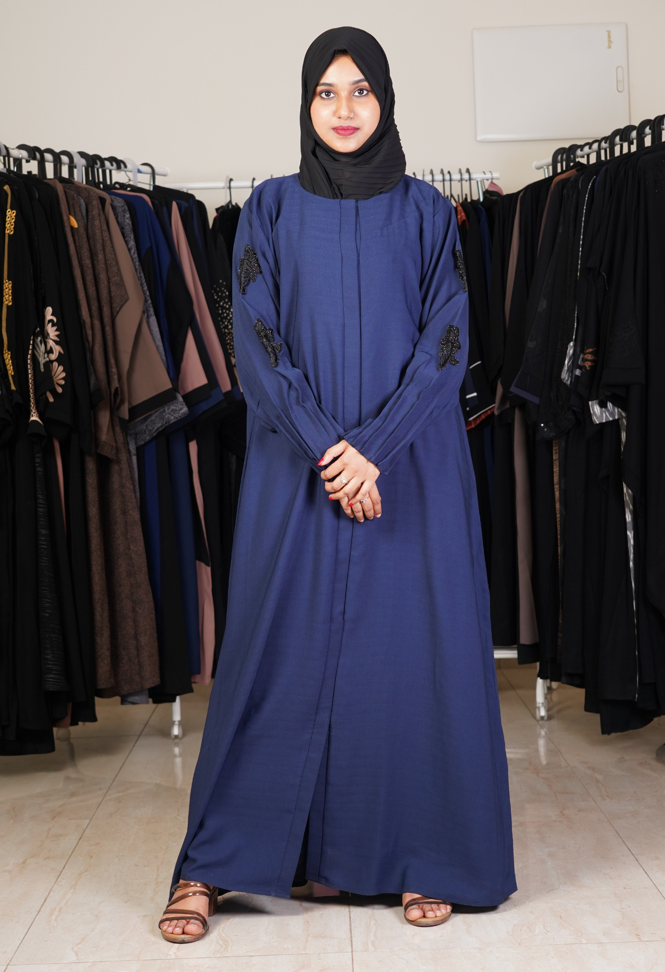 Navy Blue Front Open With Embroidery Patch on Sleeves