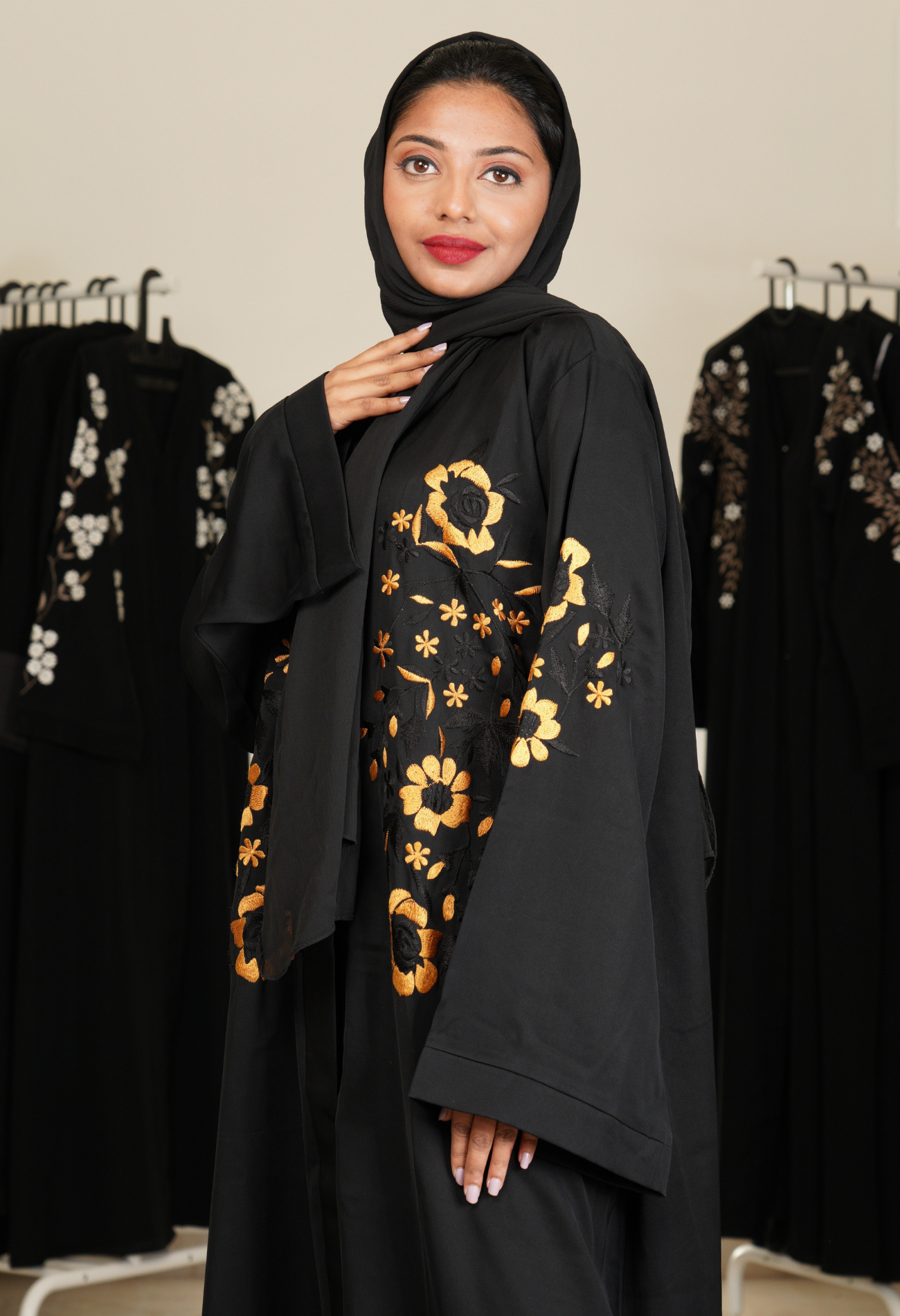Black Front Open Abaya With Embroidery