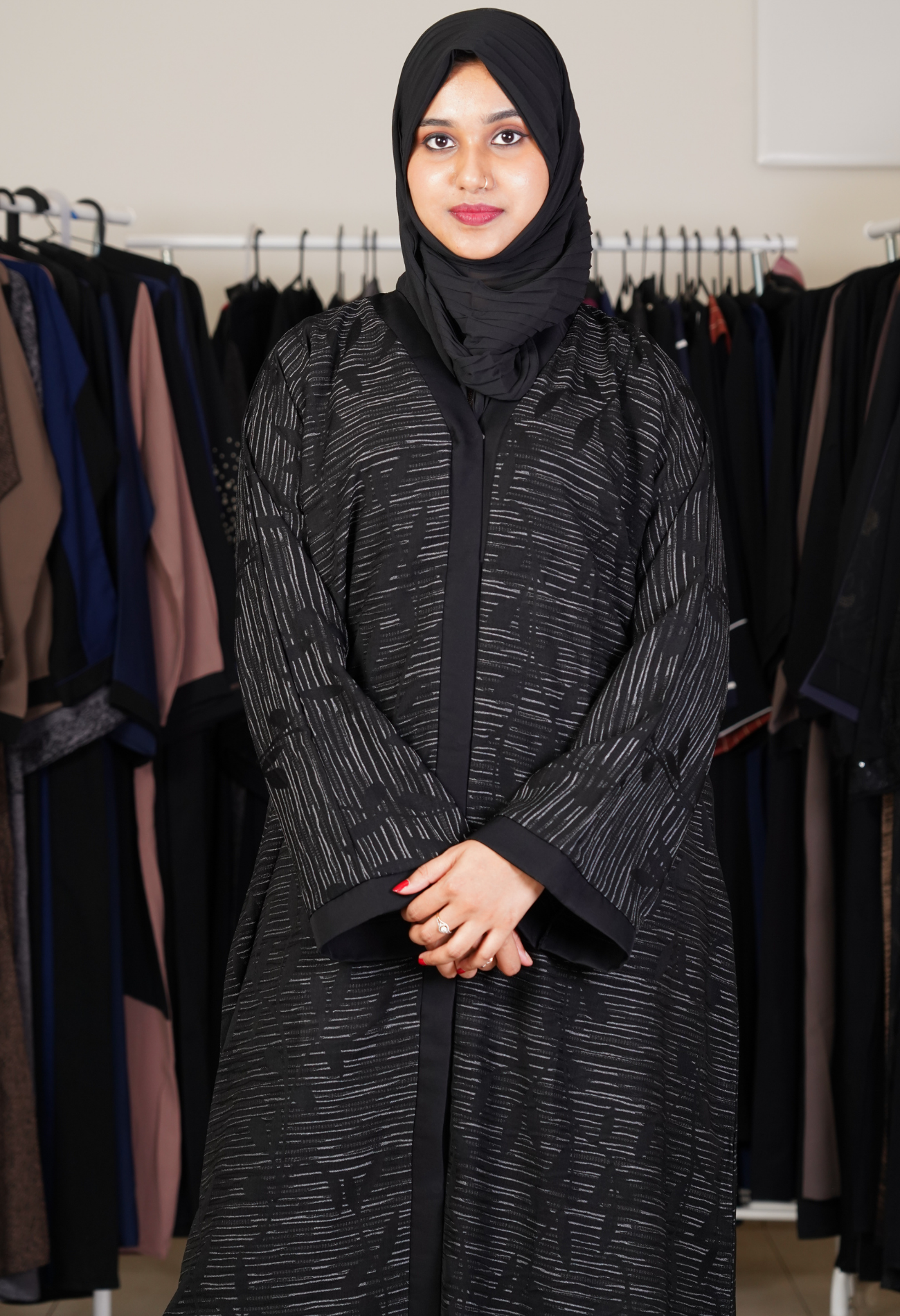 Black Self Design Front Open Abaya
